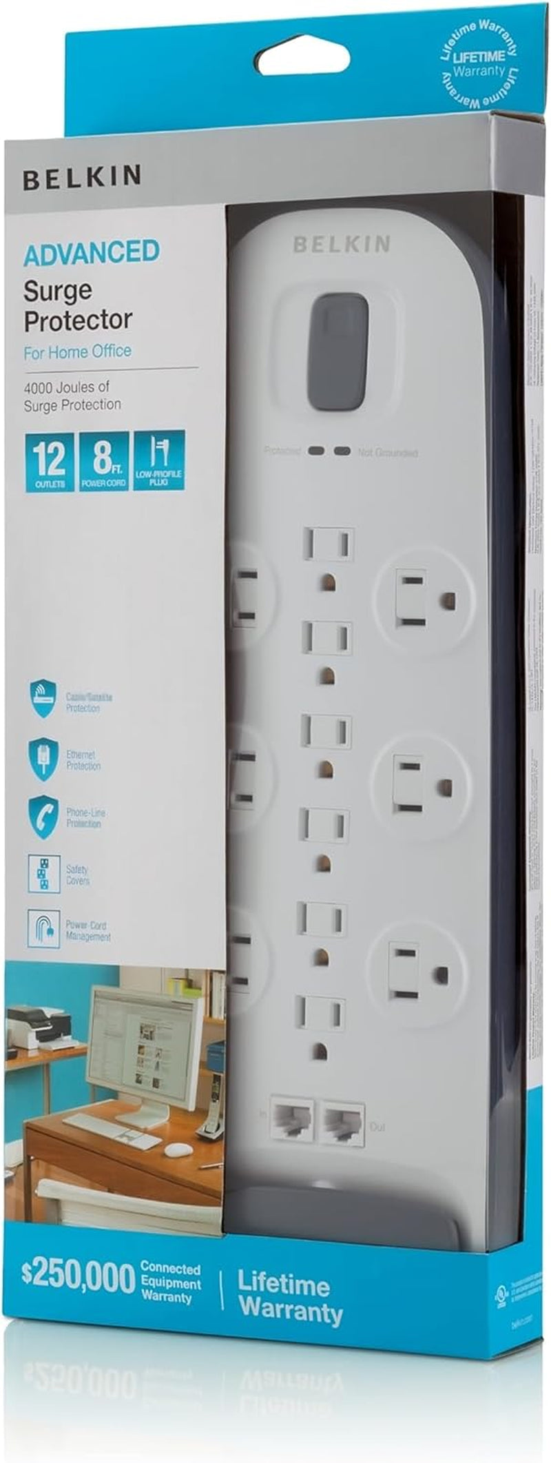 Power Strip Surge Protector - 12 AC Multiple Outlets, Ethernet & Cable Protection - 8 Ft Long Extension Cord for Home, Office, Travel, Computer Desktop & Phone Charger - 3996 Joules, White
