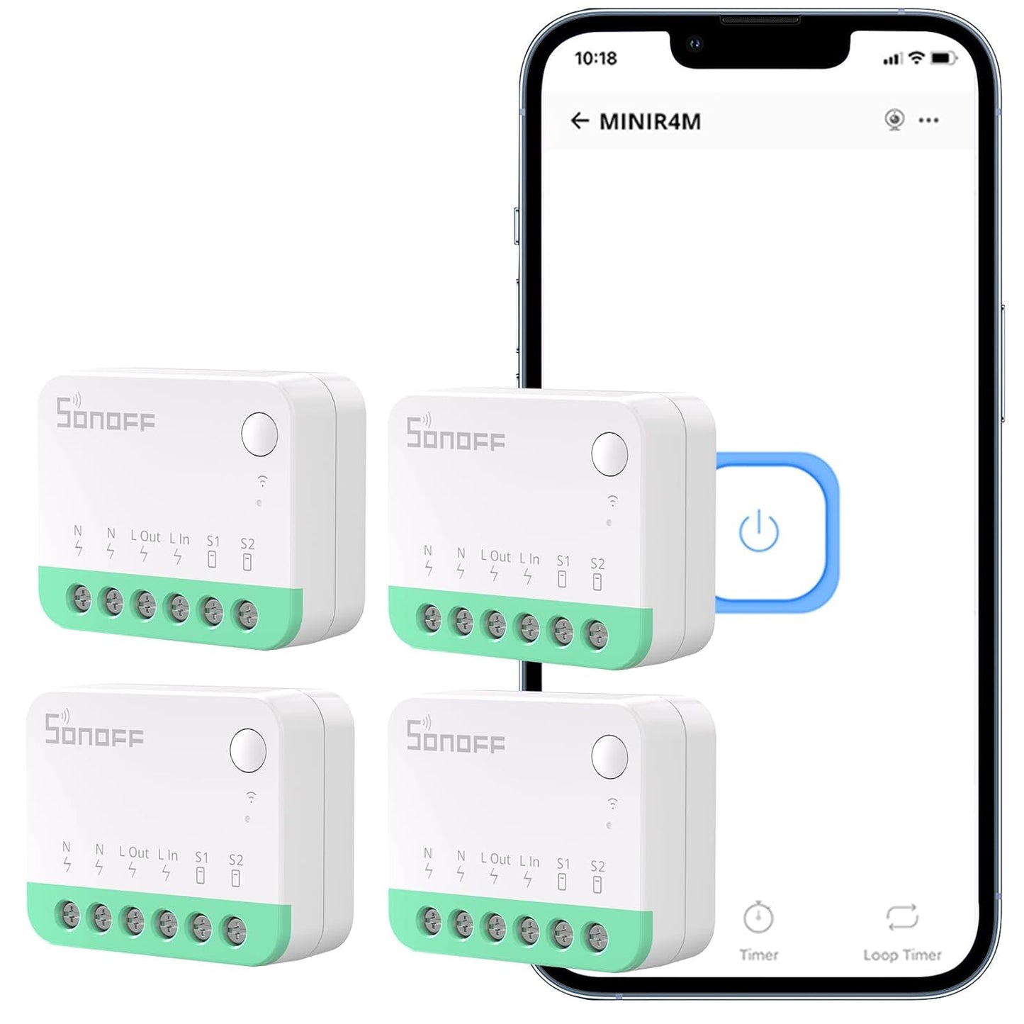 MINIR4M Matter Smart Switch - WiFi Mini DIY Module for Smart Light Control, Flush-Mounted, Compatible with Apple Home, Alexa, Google Home, IFTTT, Ewelink Web (4 Pack, Neutral Required)