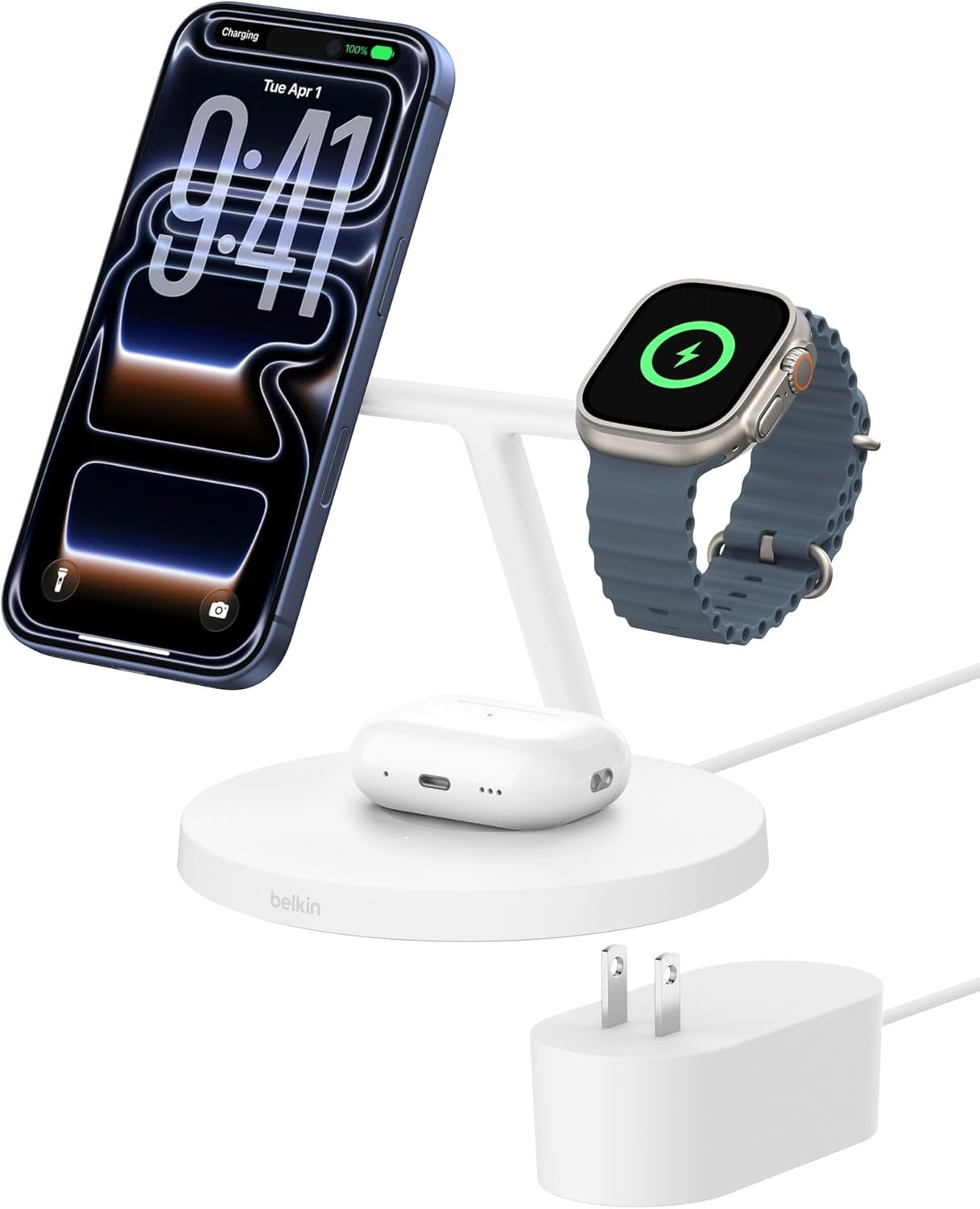 Magsafe-Compatible Iphone Charger, 3-In-1 Wireless Charging Station, Qi2-Certified 15W Wireless Charge for Apple Iphone 17 Series, Apple Watch, Airpods W/Non-Slip Base, 40W Included - White