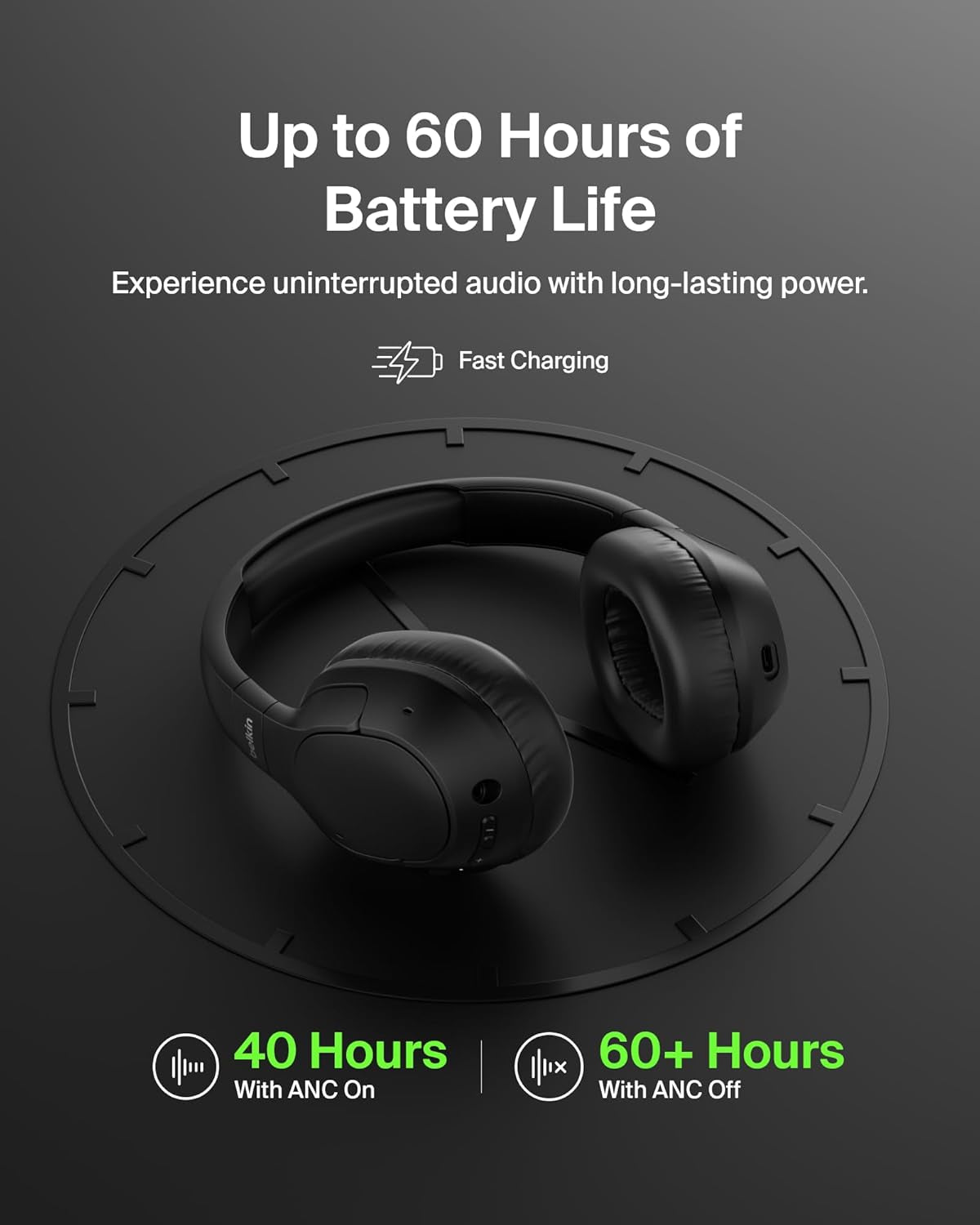 Soundform Isolate Bluetooth Over-Ear Headphones - Hybrid Active Noise Cancelling Headphones - Wireless W/ 60H Playtime, Fast Charging & Cloudcushion Ear Cups for Travel, Home, or Office - Black