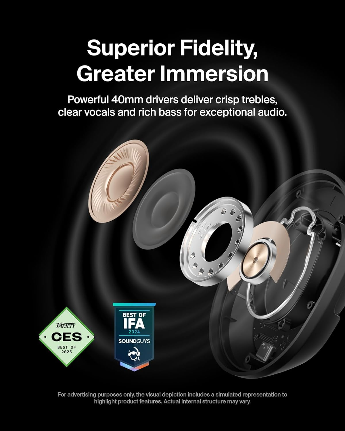 Soundform Isolate Bluetooth Over-Ear Headphones - Hybrid Active Noise Cancelling Headphones - Wireless W/ 60H Playtime, Fast Charging & Cloudcushion Ear Cups for Travel, Home, or Office - Black