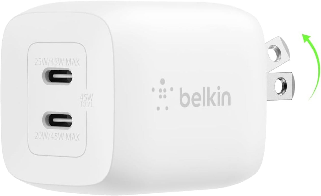 45W Dual USB C Charger Block, Super Fast Charging PD3.0 W/ Gan Technology - Samsung Galaxy S25, Apple Iphone 17, Air, Pro, Pro Max, Ipad, Macbook, Airpods, Nintendo Switch 2 & More - White