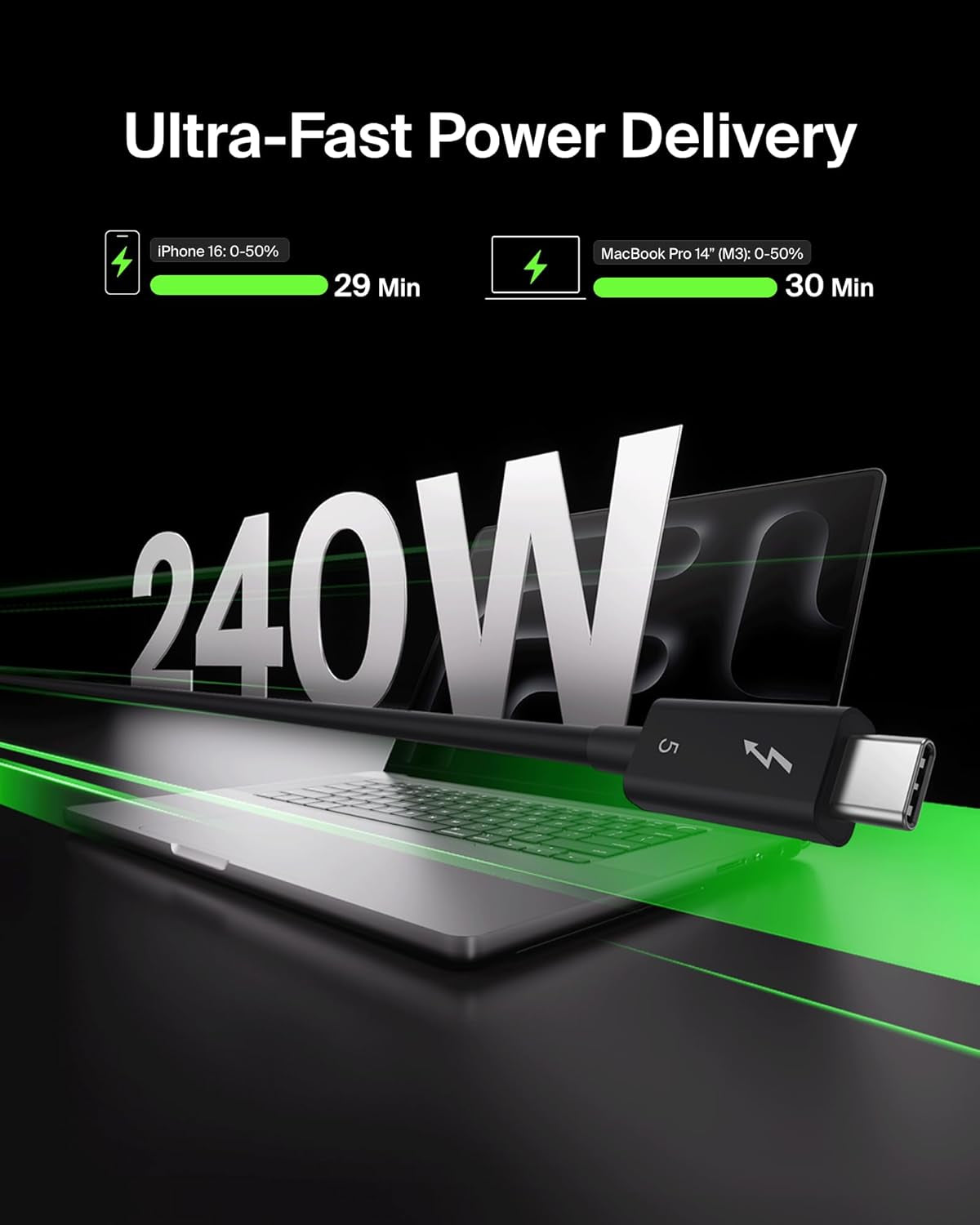 3.3Ft USB-C Thunderbolt 5 Cable W/ 240W Power Delivery, Bandwidth Boost up to 120Gbps, 3X Faster Data Transfer, and 4K UHD Display Resolution - Intel-Certified Fast Charging USB-C Cable - Black