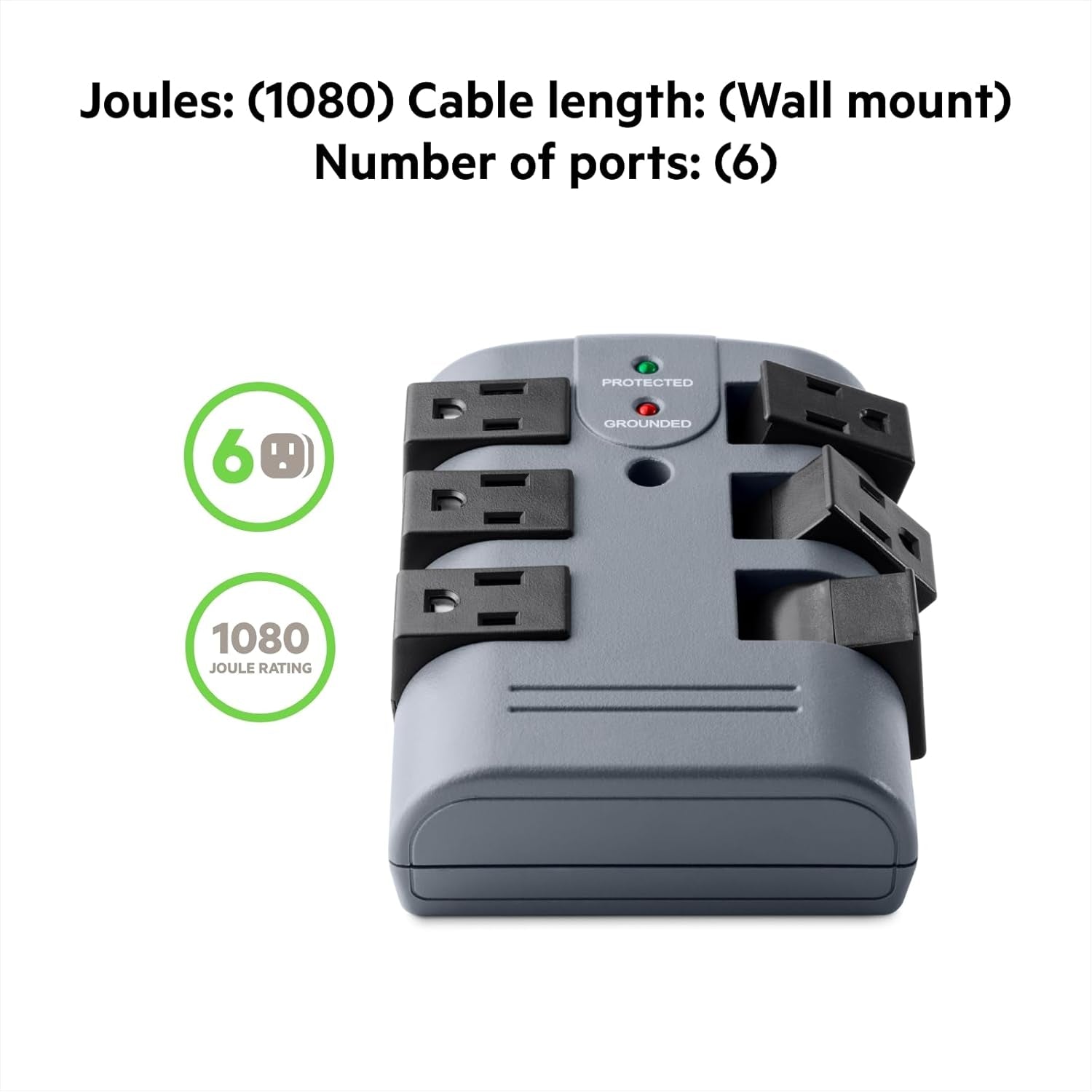 Belkin Power Strip Surge Protector - 6 Rotating AC Multiple Outlets, Flat Pivot Plug - Heavy Duty Wall Outlet Extender for Home, Office, Travel, Computer Desktop & Phone Charging Brick (1,080 Joules)