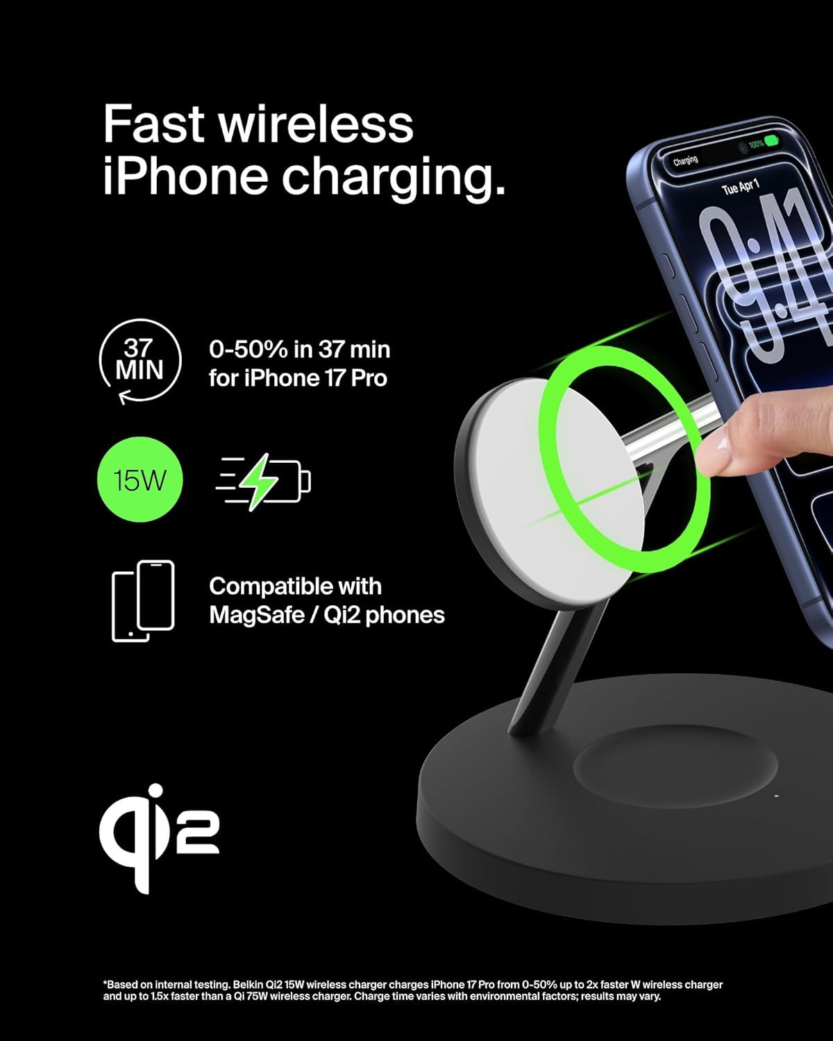 Magsafe-Compatible Iphone Charger, 3-In-1 Wireless Charging Station, Qi2-Certified 15W Wireless Charge for Apple Iphone 17 Series, Apple Watch, Airpods W/Non-Slip Base, 40W Included - Black