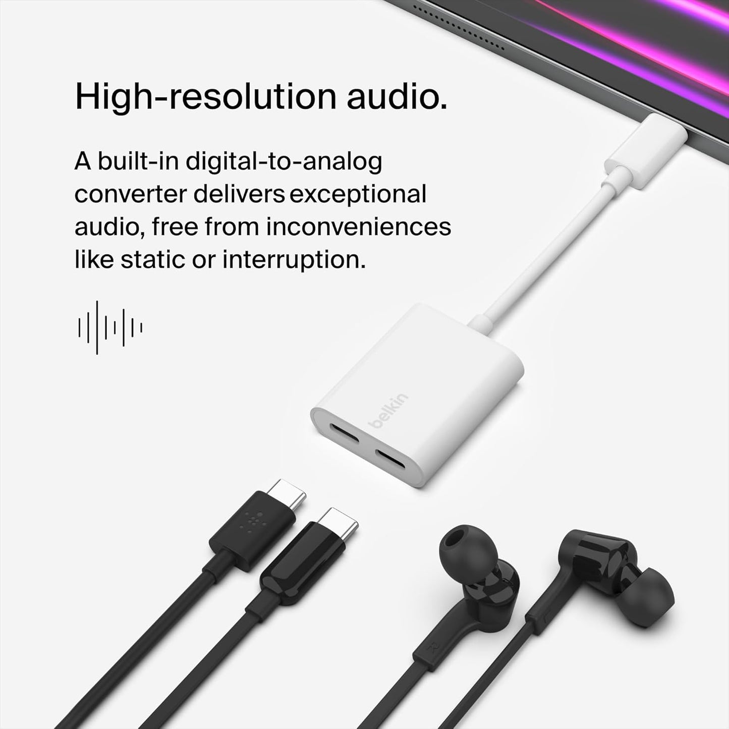 Rockstar USB-C Audio + Charge Adapter, Headphone Adapter W/Usb-C 60W Power Delivery Fast Charging for Iphone, Ipad Pro, Galaxy, Note, Google Pixel, LG G6, Sony Xperia, Oneplus, & More - White