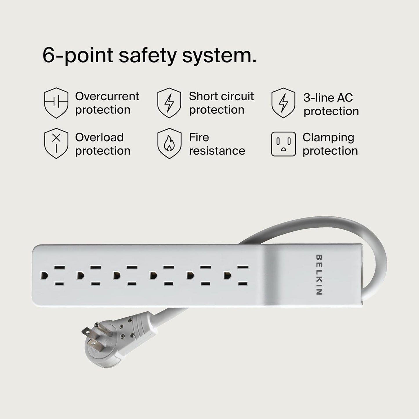 Belkin 6-Outlet Power Strip Surge Protector W/Flat Rotating Plug, 6Ft Cord – Ideal for Personal Electronics, Small Appliances and More (1080 Joules), White, 6' - 6 Pack