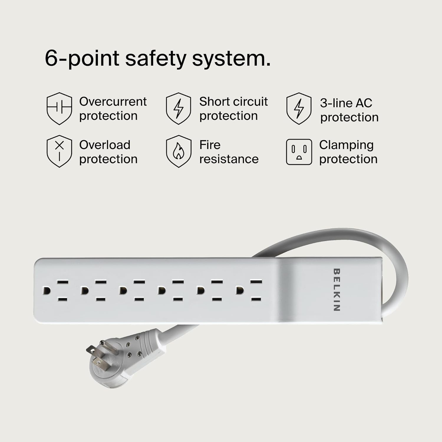 Belkin 6-Outlet Power Strip Surge Protector W/Flat Rotating Plug, 6Ft Cord – Ideal for Personal Electronics, Small Appliances and More (1080 Joules), White, 6' - 6 Pack