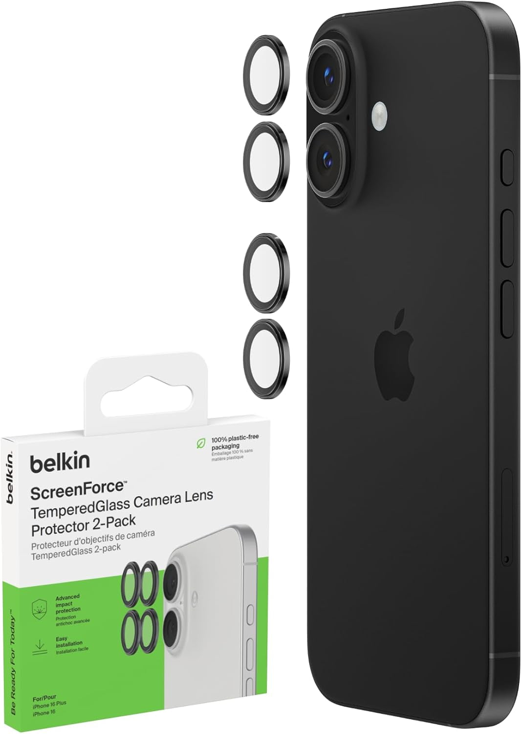 Screenforce Temperedglass Camera Lens Protector for Apple Iphone 16, 16 plus - Case-Compatible Tempered Glass Lens Cover, Apple Iphone Accessories - 2-Pack