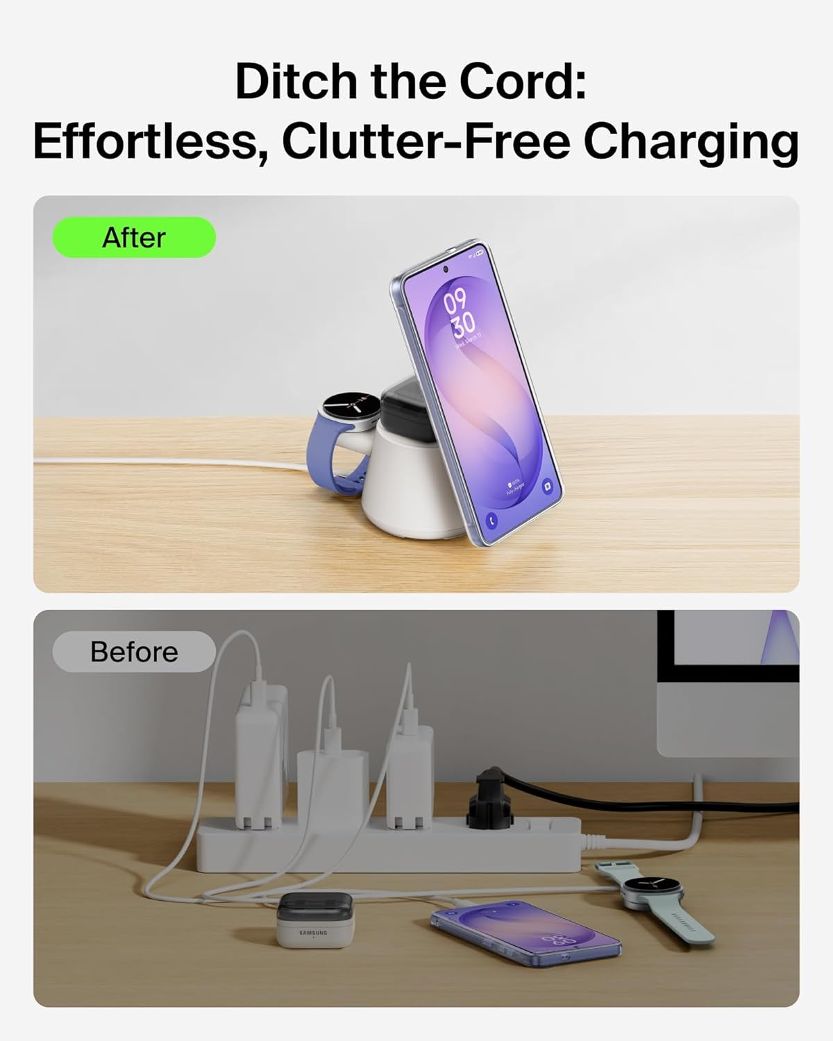 3-In-1 Wireless Charging Station for Samsung Galaxy S26, Android - Qi2.2 25W Magnetic Charger for Pixel 10, Iphone 17, USB C Port for Galaxy, Pixel, & Apple Watch (Watch Charger Not Included)