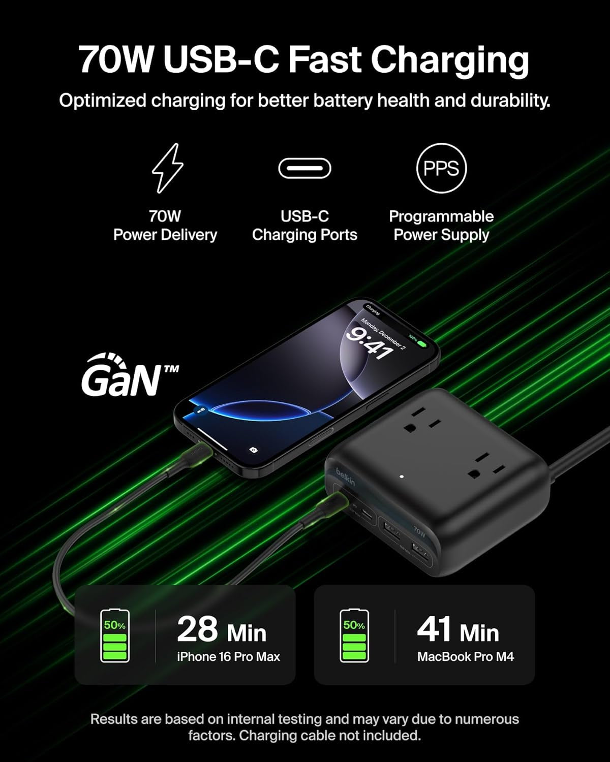Gan Charging Station 70W, 7-In-1 Dual USB C Charger W/ 3X AC Outlets, 2X USB a Ports, Power Strip, Iphone Charger Fast Charging, Apple Watch, Ipad, Macbook, Chromebook, Samsung Galaxy, Pixel 10