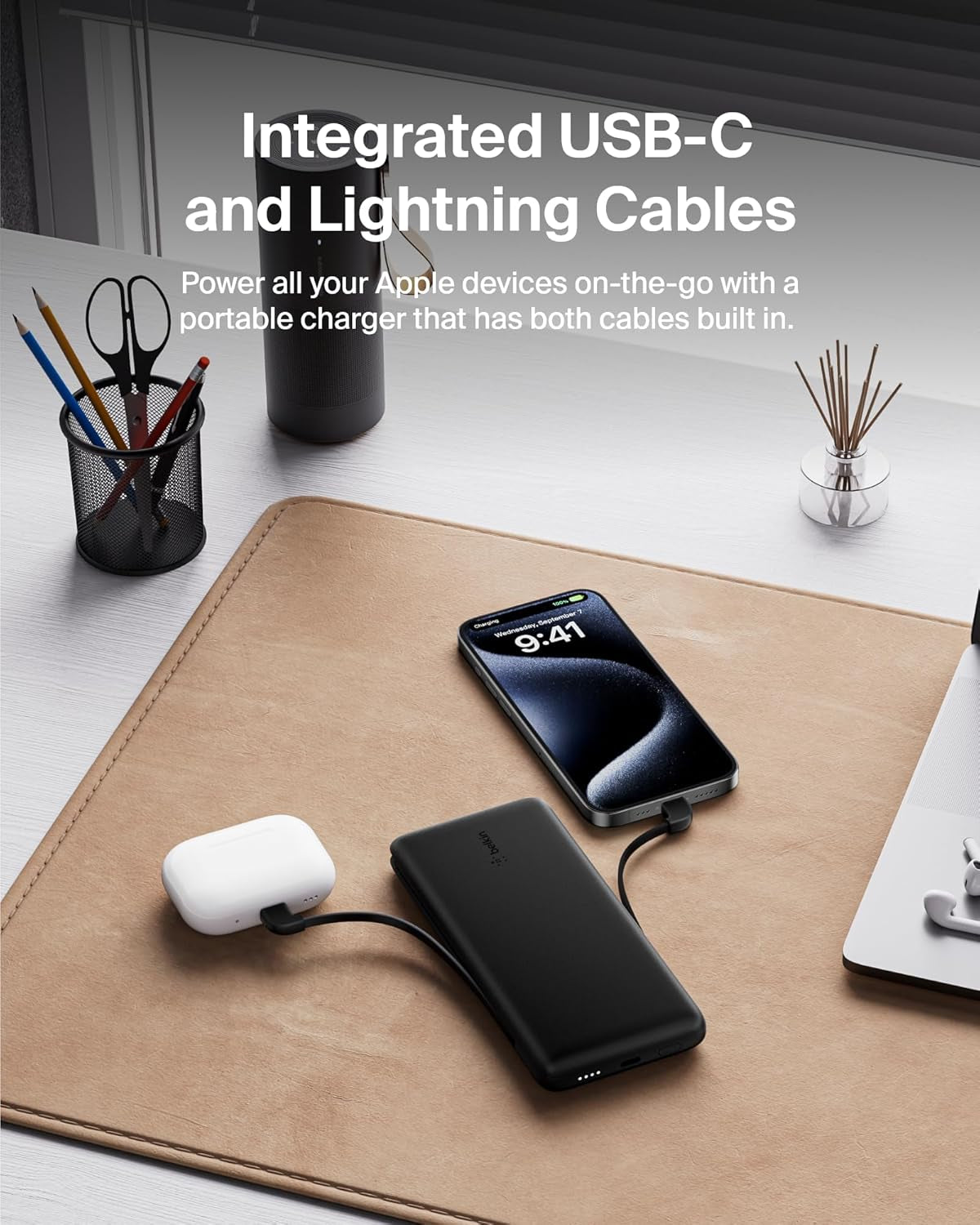 Portable Charger Power Bank for Iphone/Android (10,000Mah), 23W Battery Pack with Integrated USB-C, Lightning Cables, Pass-Through Capability, Charge 2 Devices at Once, Phone Charger Power Bank