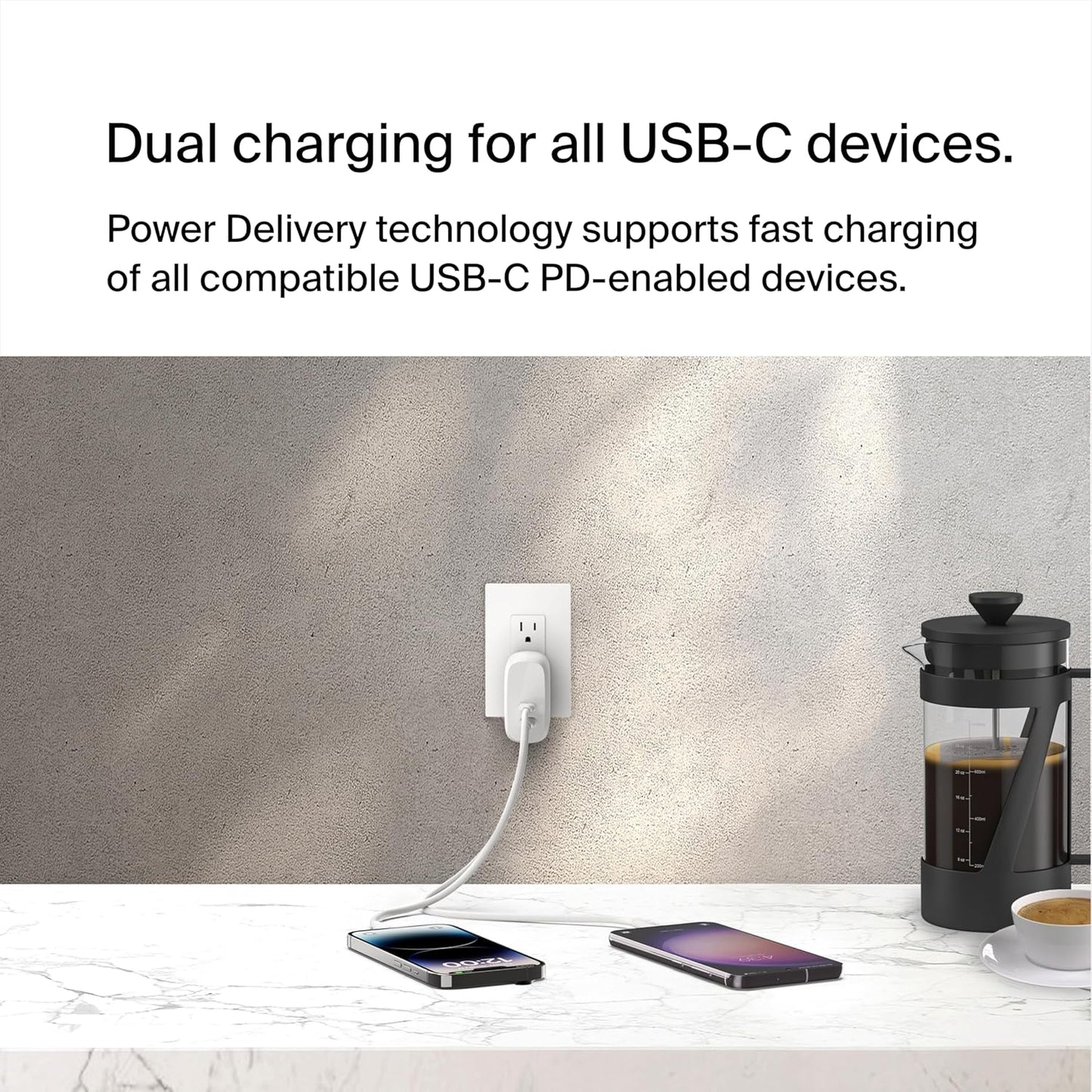 Dual USB C Charger Block 60W W/Pps Super Fast Charging - Samsung Galaxy S25, Apple Iphone 17, Air, Pro, Pro Max, Ipad, Airpods, Apple Watch, Google Pixel, Nintendo Switch 2 - White