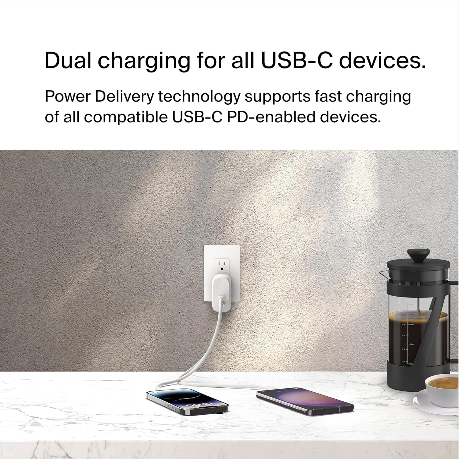 Dual USB C Charger Block 60W W/Pps Super Fast Charging - Samsung Galaxy S25, Apple Iphone 17, Air, Pro, Pro Max, Ipad, Airpods, Apple Watch, Google Pixel, Nintendo Switch 2 - White