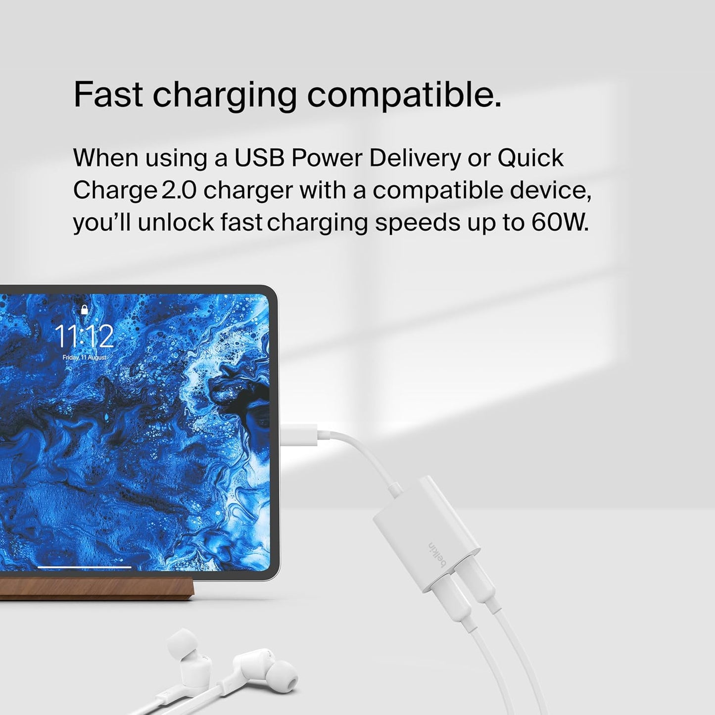 Rockstar USB-C Audio + Charge Adapter, Headphone Adapter W/Usb-C 60W Power Delivery Fast Charging for Iphone, Ipad Pro, Galaxy, Note, Google Pixel, LG G6, Sony Xperia, Oneplus, & More - White