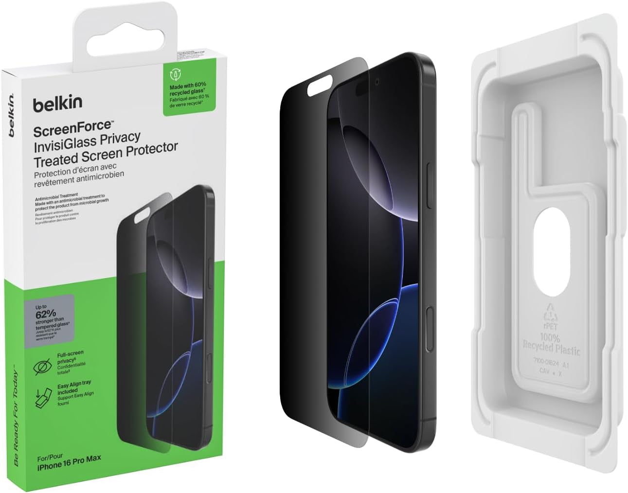 Screenforce Invisiglass Privacy Screen Protector for Iphone 16 Pro Max, Scratch-Resistant Impact Protection W/Included Easy Align Tray for Bubble Free Application - Made with Recycled Glass