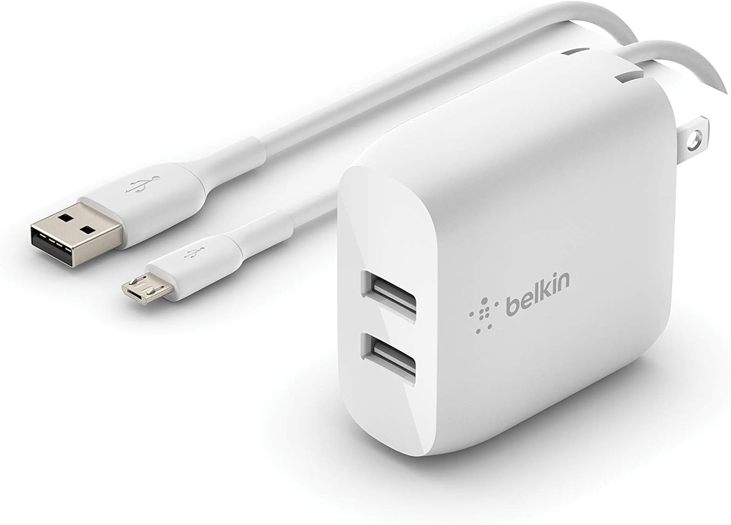 Dual Port USB Charger Block 24W - Micro USB Cable Included - Iphone Fast Charging – Iphone 17, Air, Pro, Pro Max, Ipad, Airpods, Apple Watch, Samsung S25, Google Pixel 10, Etc. - White