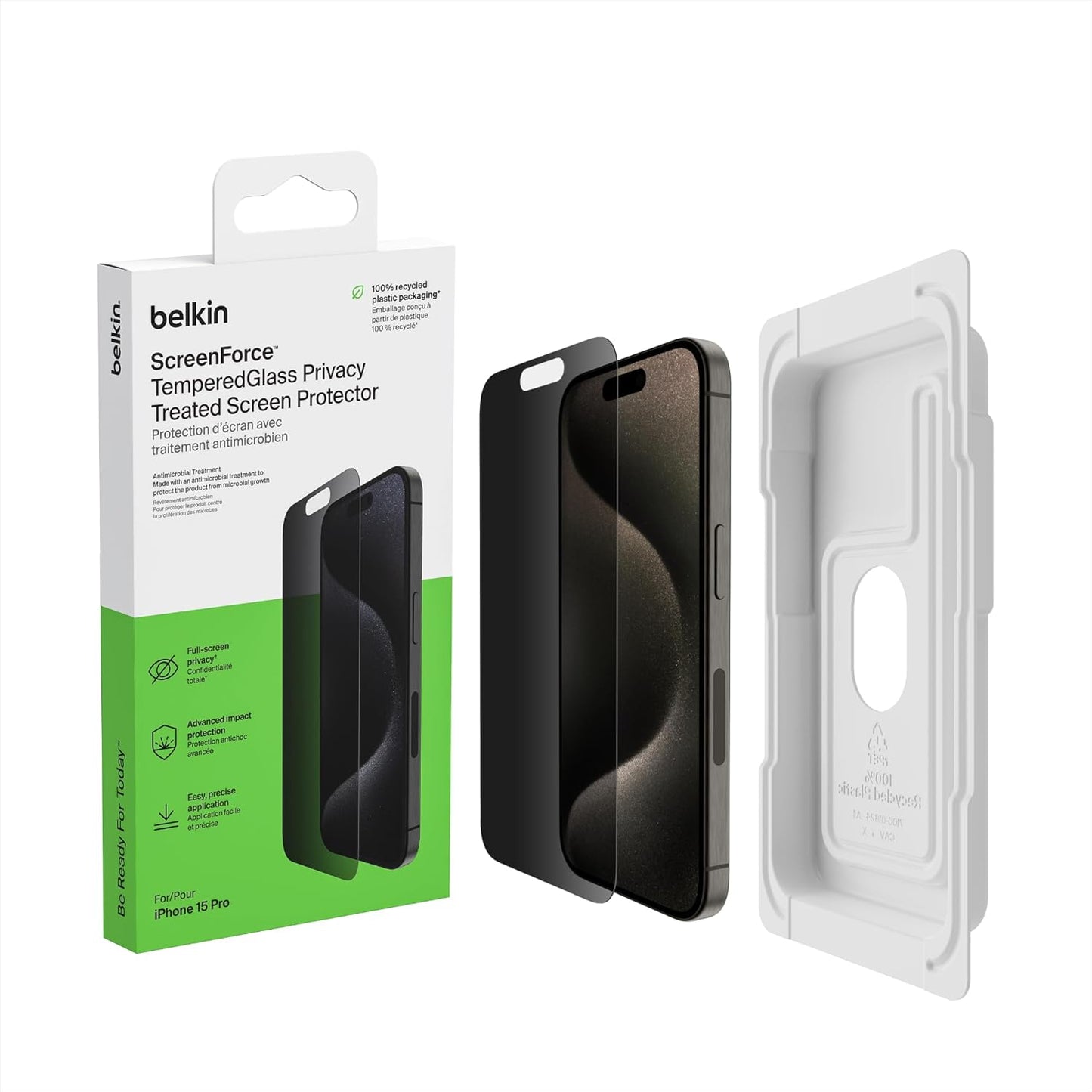 Screenforce Temperedglass Treated Privacy Screen Protector for Iphone 15 Pro - Slim & Scratch-Resistant - Includes Easy Align Tray for Bubble Free Application