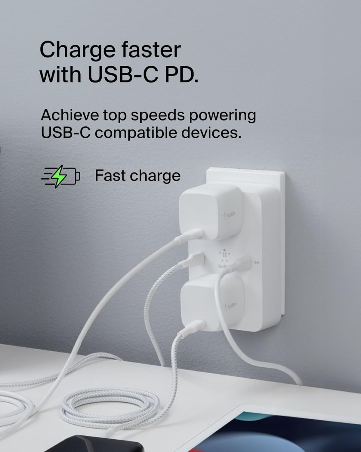 Multi-Outlet Extender, Fast Charging USB-C Plug Adapter - Safe Charge for Macbook Pro, Chromebook, Apple Iphone 17, Air, 16, 15, 14, Samsung Galaxy S25, Nintendo Switch 2, & More - White
