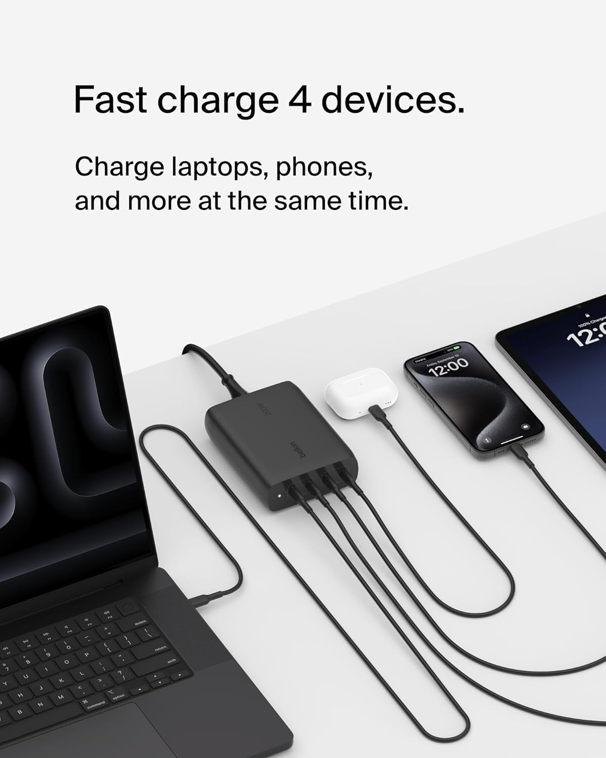 4-Port USB C Charger Block, 200W Gan Multi-Port Charger USB-C PD 3.1 Fast Charge + 5Ft Power Cord - Macbook, Iphone 17, Air, Ipad, Galaxy S26, Google Pixel 10, Nintendo Switch 2 - Black