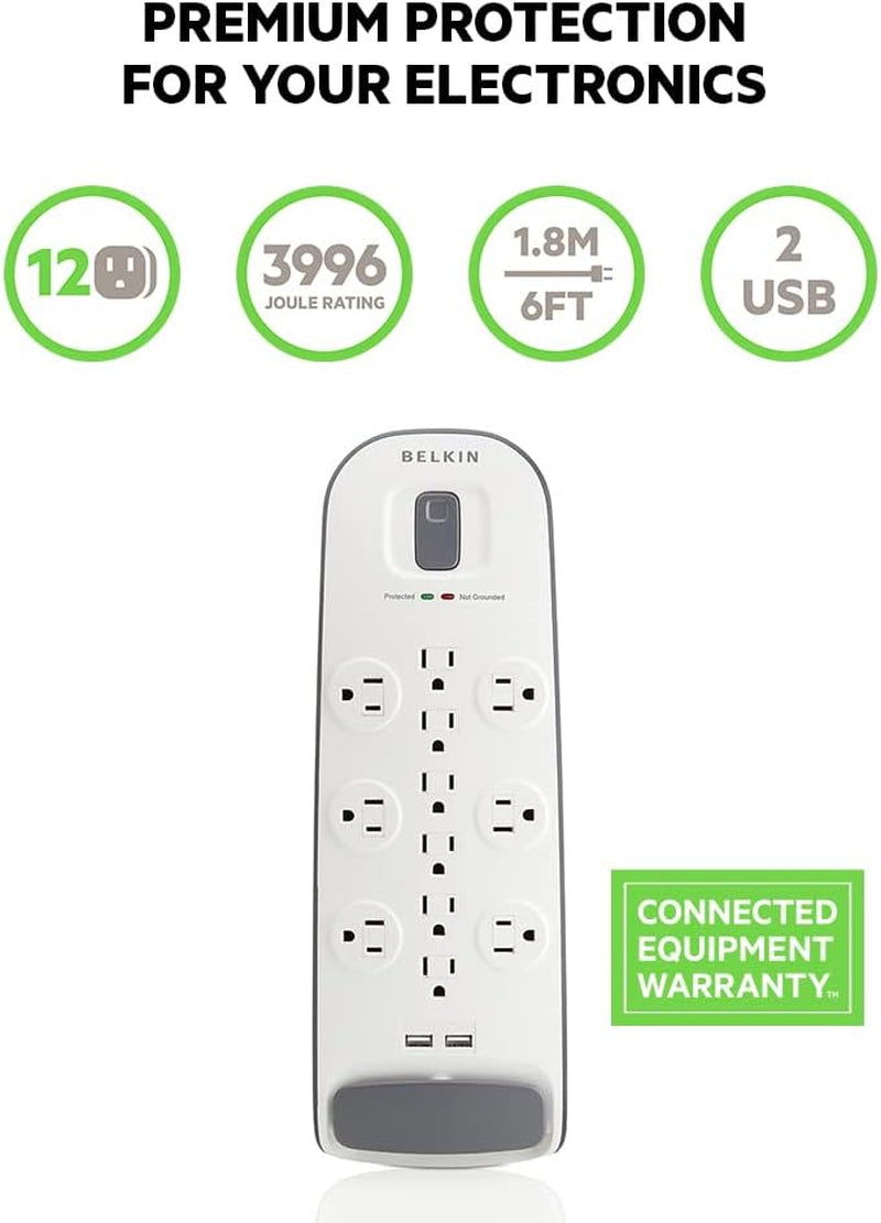 12-Outlet USB Power Strip Surge Protector, Flat Plug, 6Ft Cord (3,996 Joules), White - Pack of 3