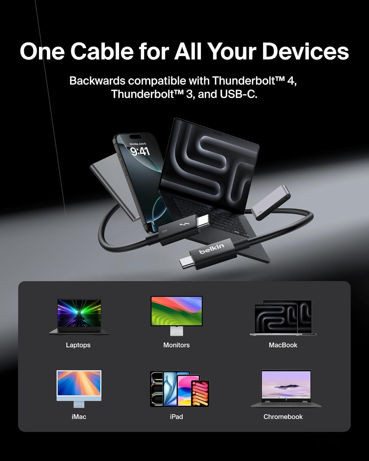 3.3Ft USB-C Thunderbolt 5 Cable W/ 240W Power Delivery, Bandwidth Boost up to 120Gbps, 3X Faster Data Transfer, and 4K UHD Display Resolution - Intel-Certified Fast Charging USB-C Cable - Black