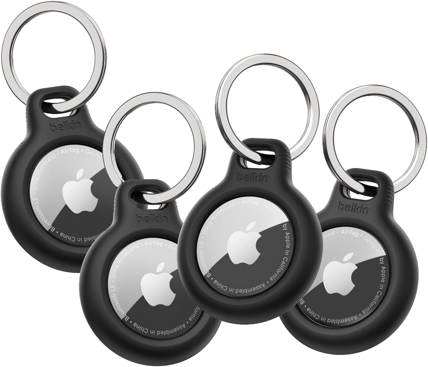 Apple Airtag Secure Holder with Key Ring - Durable Scratch Resistant Case with Open Face & Raised Edges - Protective Airtag Keychain Accessory for Keys, Pets, Luggage, Backpacks - 4-Pack Black
