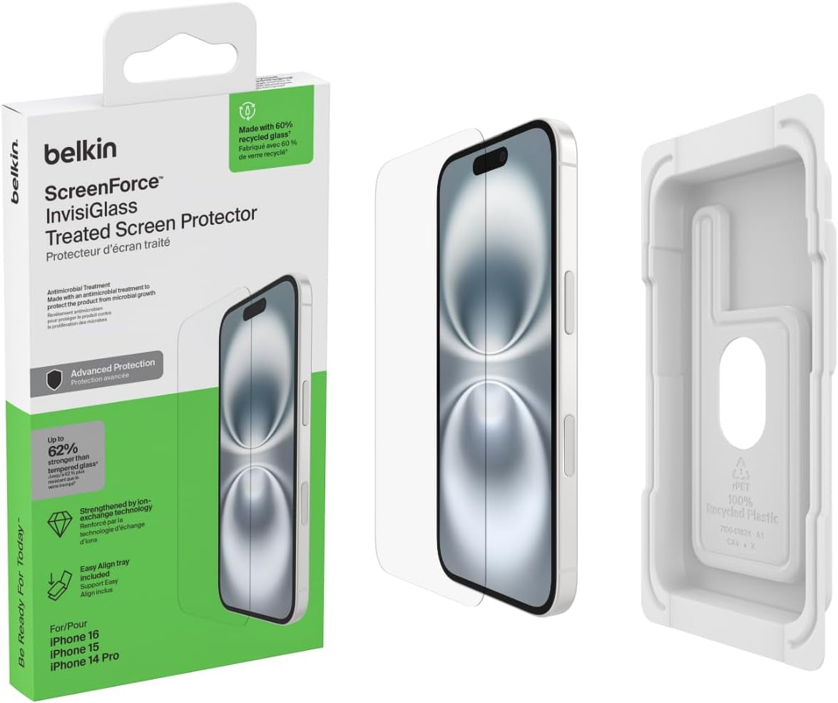 Screenforce Invisiglass Treated Screen Protector for Iphone 16, 15, & 14 Pro, Scratch-Resistant Impact Protection W/Included Easy Align Tray for Bubble Free Application