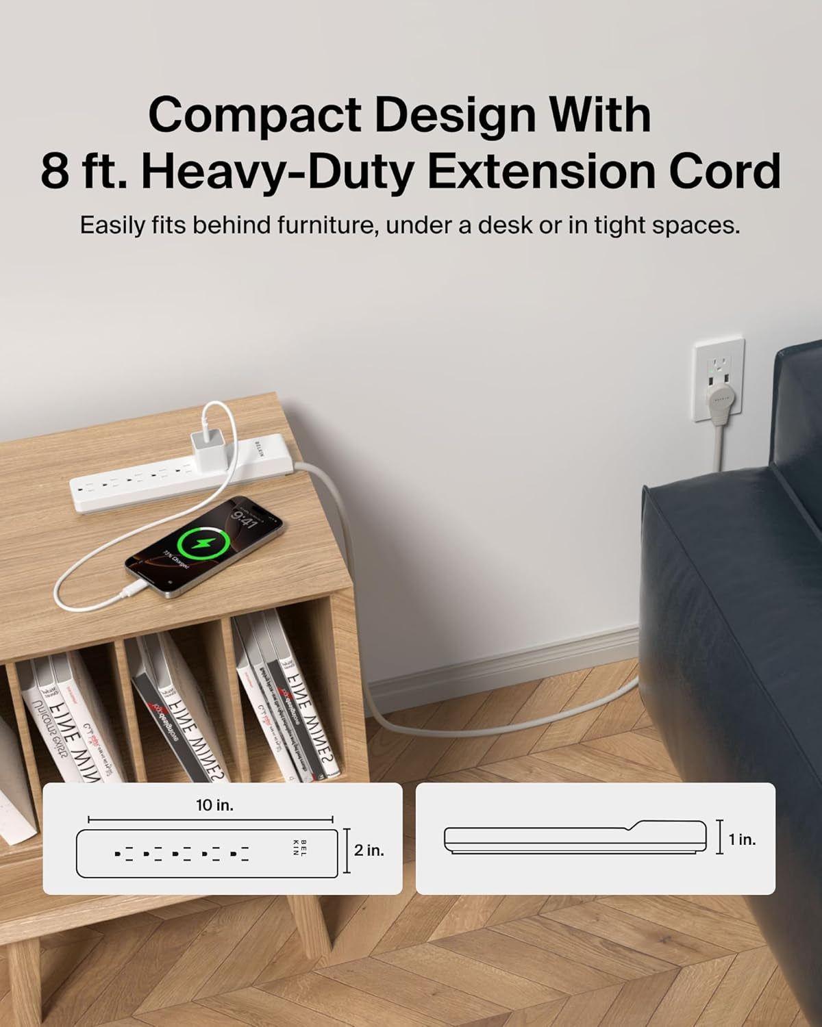 Surge Protector Power Strip - 6 AC Multiple Outlets - Flat Rotating Plug, 8Ft Long Heavy-Duty Extension Cord for Home, Office, Travel, Computer Desktop & Charging Brick - White (720 Joules)