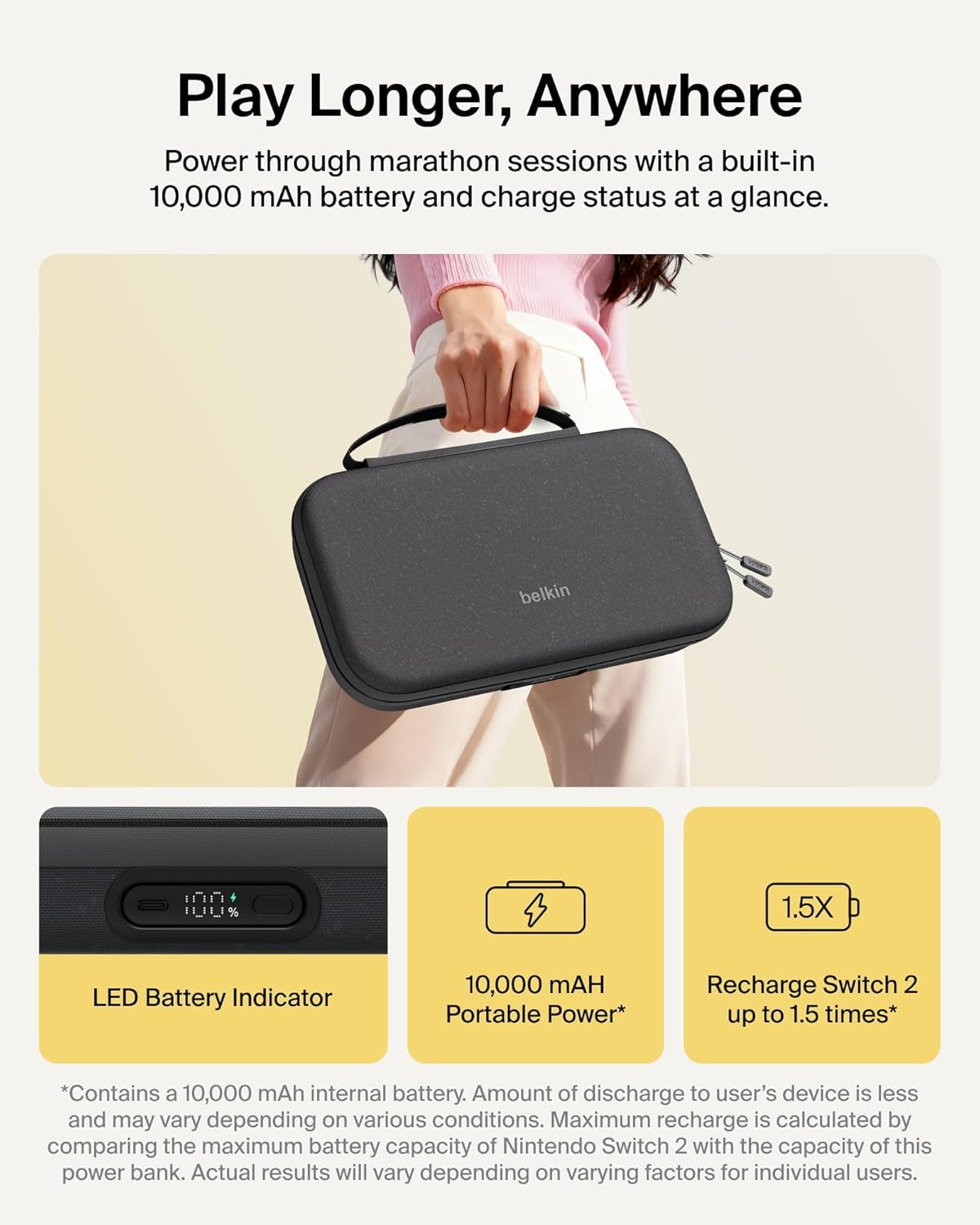 Nintendo Switch 2 Charging Case Pro, 10000Mah Power Bank, 30W Fast Charging W/Kick Stand - Custom Fit, Hard Shell Carrying Case, 12 Game Card Slots, Airtag Holder, Digital Display - Black
