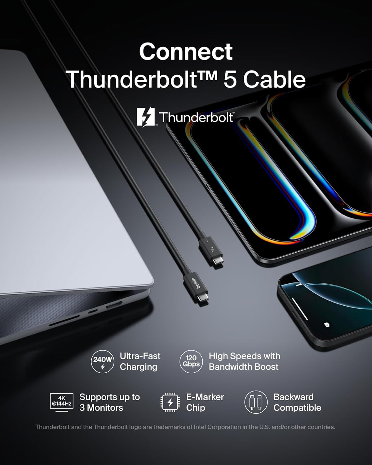 3.3Ft USB-C Thunderbolt 5 Cable W/ 240W Power Delivery, Bandwidth Boost up to 120Gbps, 3X Faster Data Transfer, and 4K UHD Display Resolution - Intel-Certified Fast Charging USB-C Cable - Black