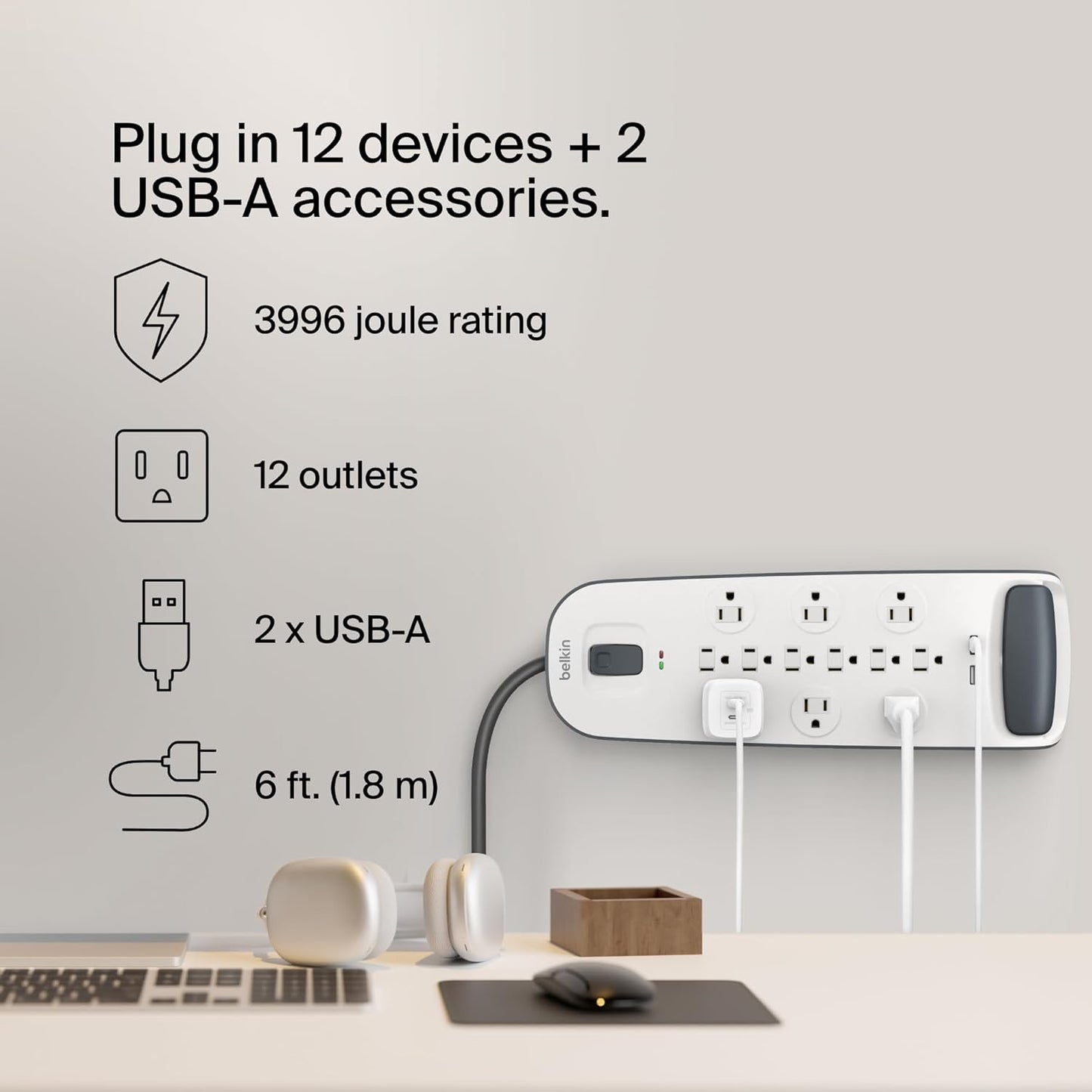 Belkin USB Power Strip Surge Protector - 12 AC Multiple Outlets & 2 USB Ports - 6 Ft Long Flat Plug Extension Cord for Home, Office, Travel, Computer Desktop & Charging Brick - White (3,996 Joules)