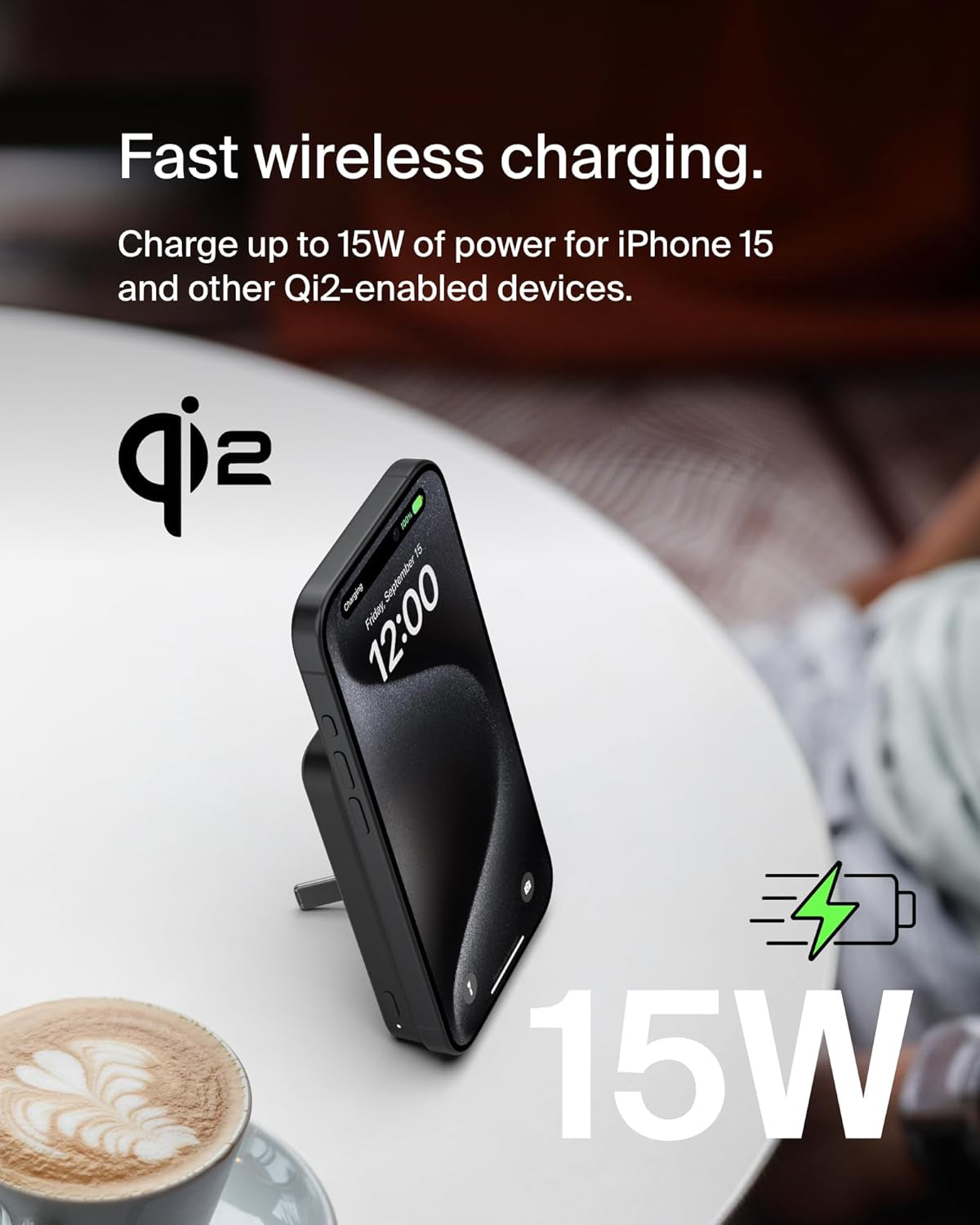 Portable Charger, Wireless Power Bank 15W 5000Mah W/ Qi2, Magsafe Charger + Built-In Pop-Up Kickstand - Iphone 17, Air, Pro, Pro Max, Airpods, Apple Watch, Google Pixel 10, Etc. - Black