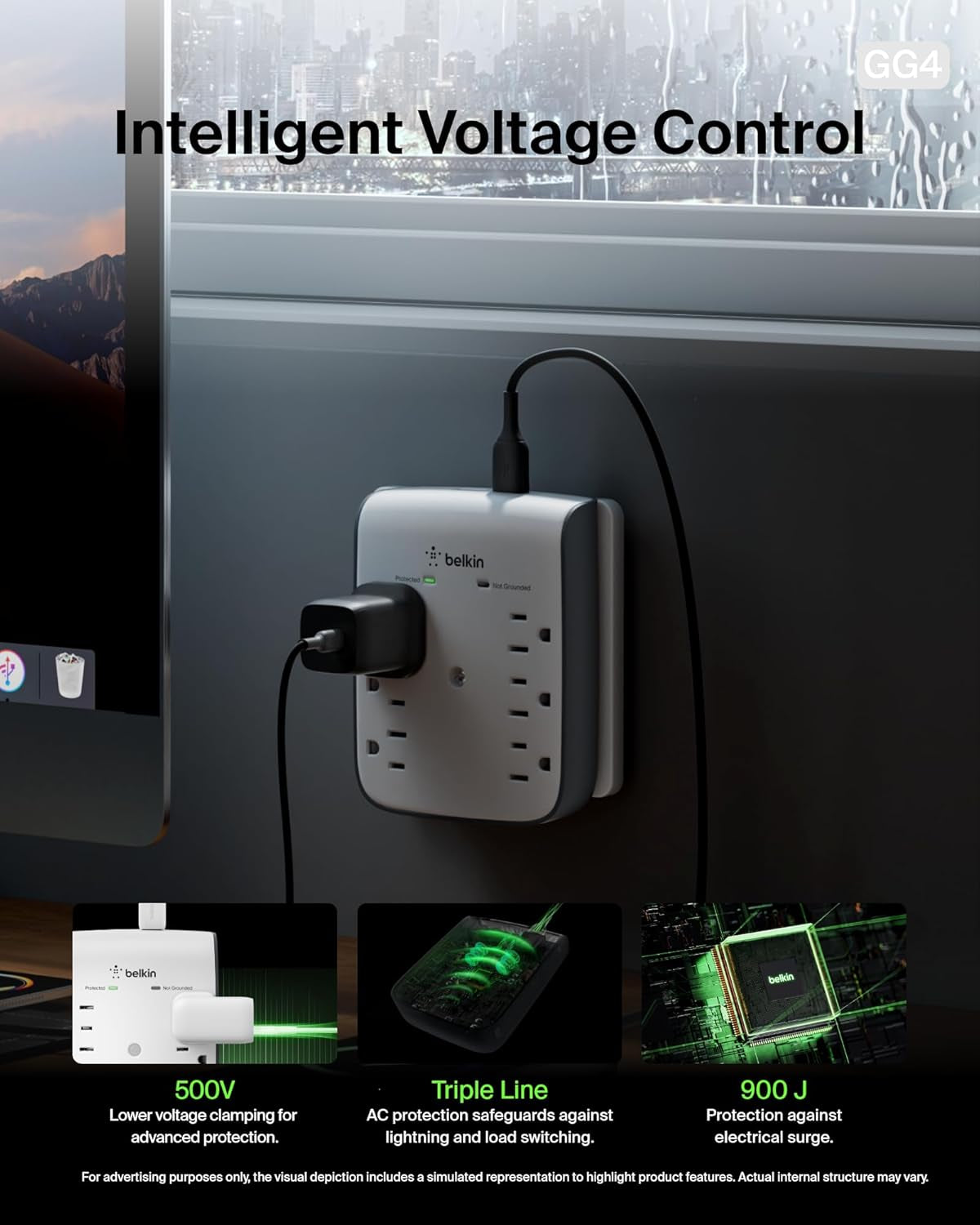 Belkin 6-Outlet Wall Surge Protector W/ 2 USB-A Ports, Wall-Mountable Surge Protector for Home, Office, Travel, Computer Desktop, Laptop, Phone Charger, & More - 900 Joules of Protection