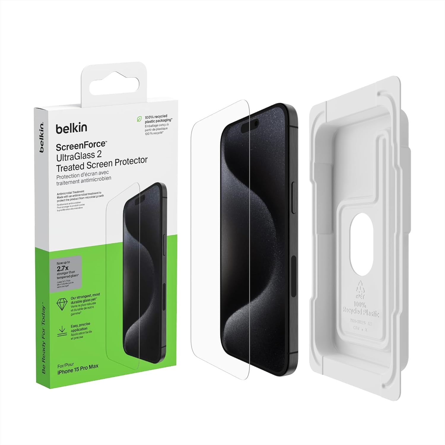 Screenforce Ultraglass 2 Treated Iphone 15 Pro Max Screen Protector - Scratch-Resistant, 9H Hardness Tested Glass W/Slim Design - Includes Easy Align Tray for Bubble-Free Application