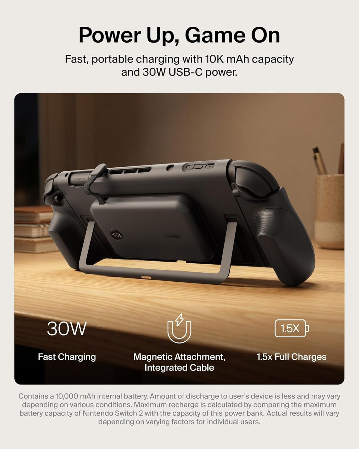 Nintendo Switch 2 Case Grip, 30W 10000Mah Magnetically Attachable Power Bank with Digital Display, Dockable, Quick-Release, Kickstand Compatible Ergonomic Non-Slip Protective Travel Case