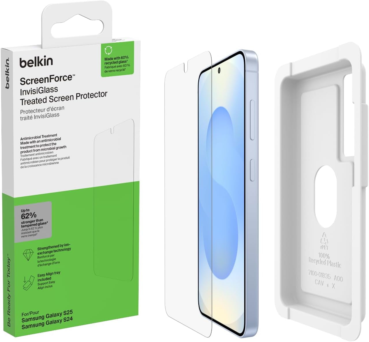 Screenforce Invisiglass Treated Screen Protector for Samsung Galaxy S25, 9H Hardness, Scratch-Resistant Impact Protection W/Align Tray for Easy Application - Made with Recycled Glass