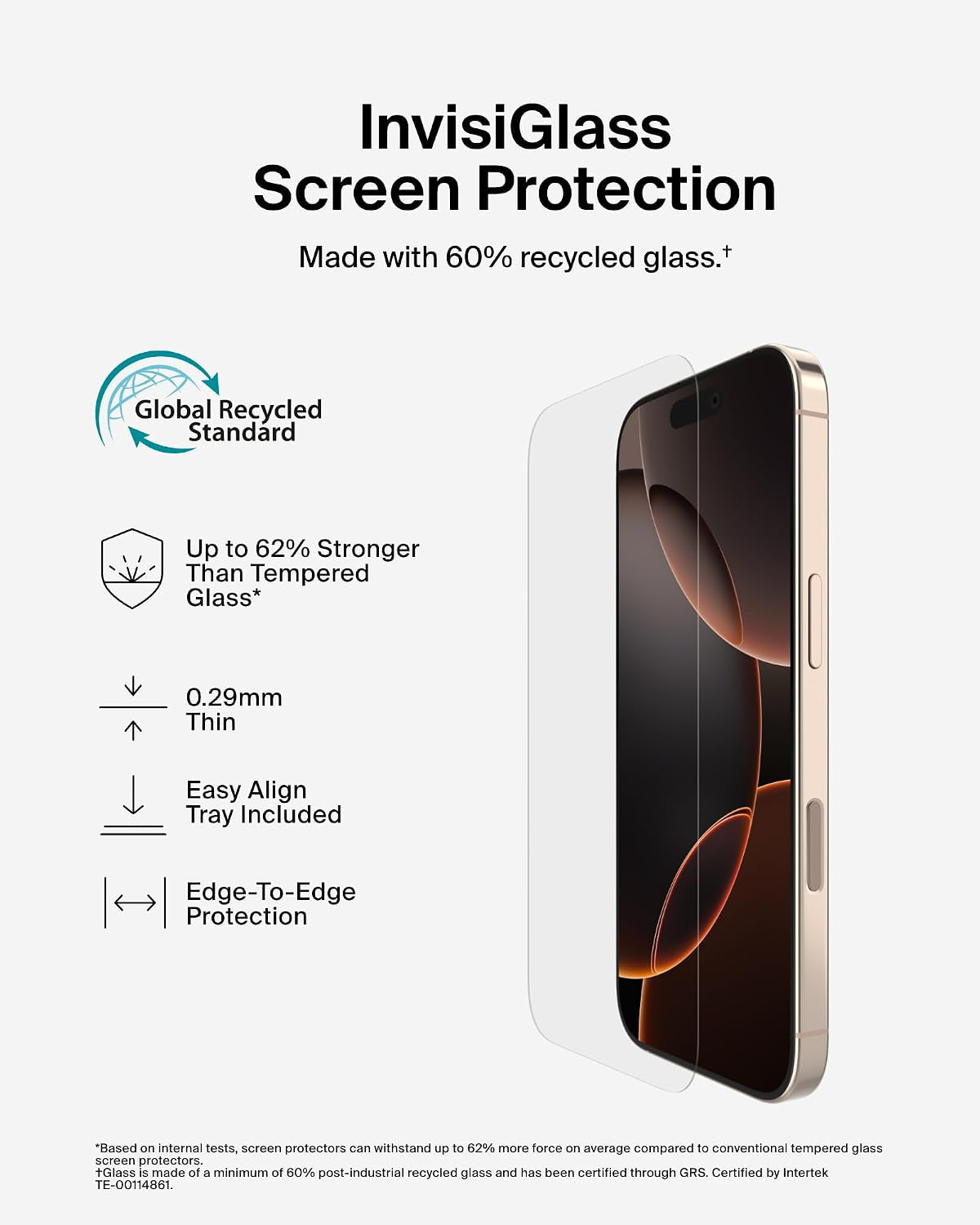 Screenforce Invisiglass Treated Screen Protector for Iphone 16 Pro, Scratch-Resistant Impact Protection W/Included Easy Align Tray for Bubble Free Application - Made with Recycled Glass