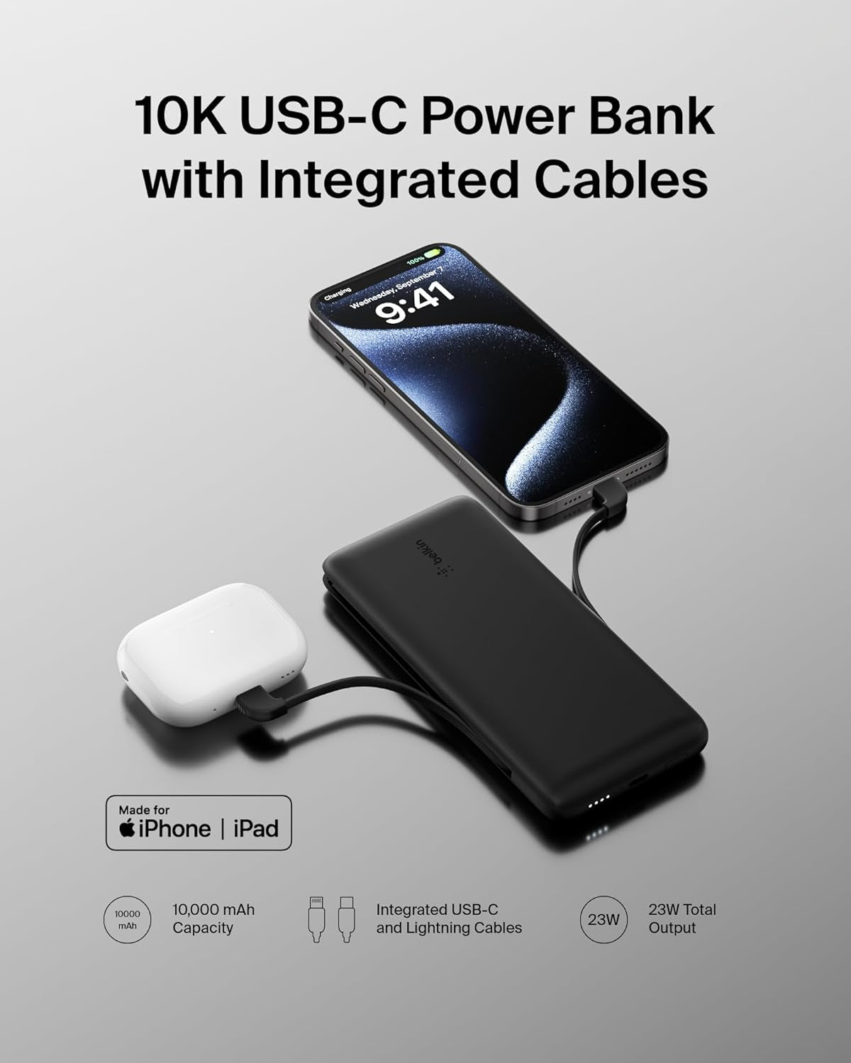 Portable Charger Power Bank for Iphone/Android (10,000Mah), 23W Battery Pack with Integrated USB-C, Lightning Cables, Pass-Through Capability, Charge 2 Devices at Once, Phone Charger Power Bank