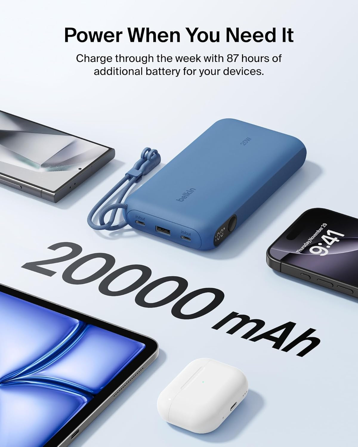 Portable Charger, USB-C Power Bank 20,000Mah W/ 2X USB-C Ports & 1X a Port, Digital Battery Display, 20W Charging - Iphone 17, Air, Pro, Samsung Galaxy S25, Pixel 10, Ipad, & More - Blue