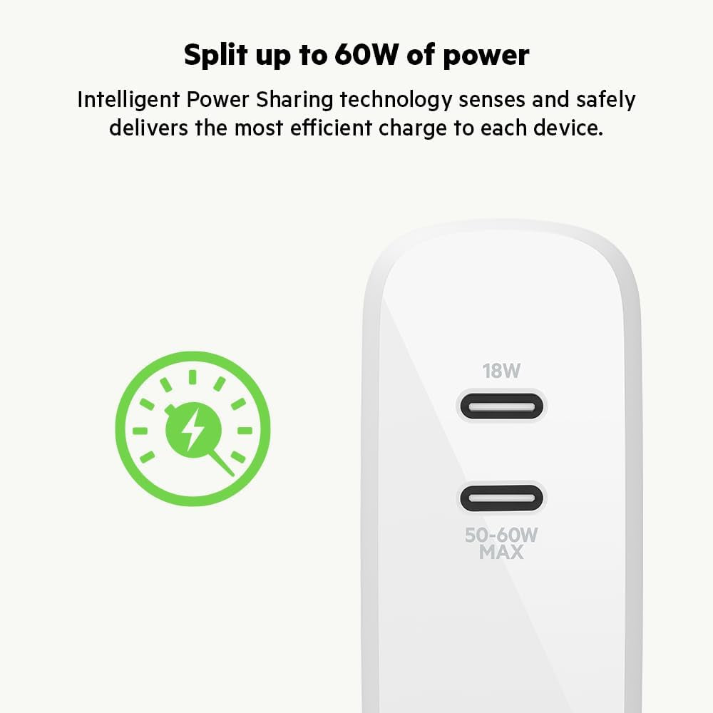 Dual Port USB C Charger Block 68W - USB C Cable Included (2M) - Gan W/ PD Iphone Fast Charging - Samsung Galaxy S25, Apple Iphone 17, Air, Pro, Ipad, Airpods, Macbook, Nintendo Switch 2 – White