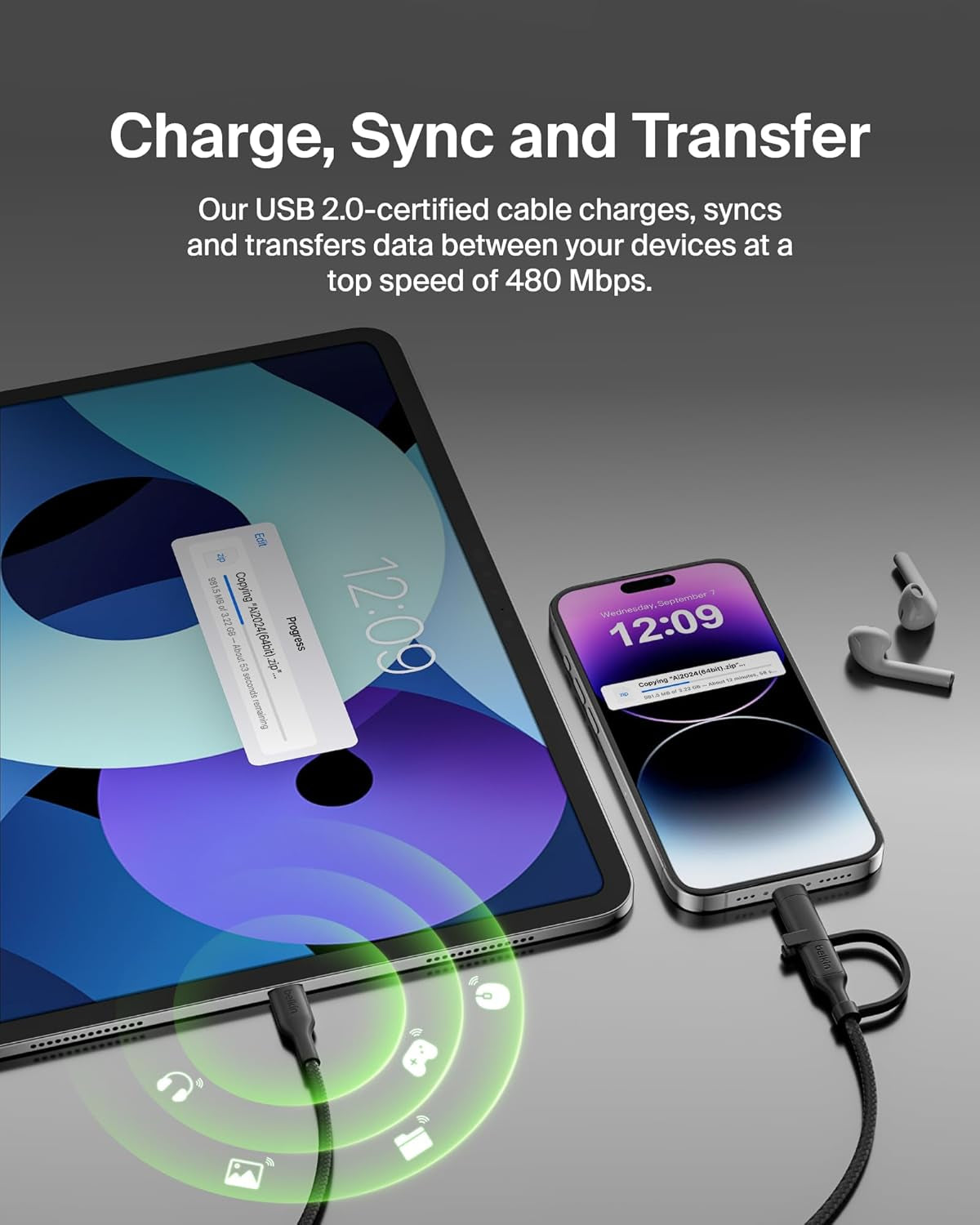 Boostcharge Braided 2-In-1 USB-C Charging Cable W/Usb-C & Lightning Connector (1.5M) Fast & Multi-Charging for Iphone Series, Ipad, Macbook, Galaxy Series, Nintendo Switch 2 & More - Black