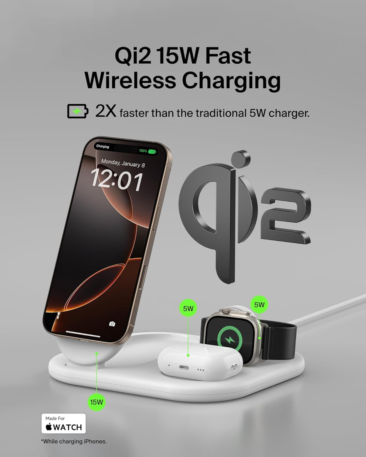 3-In-1 Magsafe-Compatible Iphone Charger - Foldable Magnetic Qi2 Certified, Magsafe Charging Station for Phone, Apple Watch, Airpods - Wireless for Multiple Devices