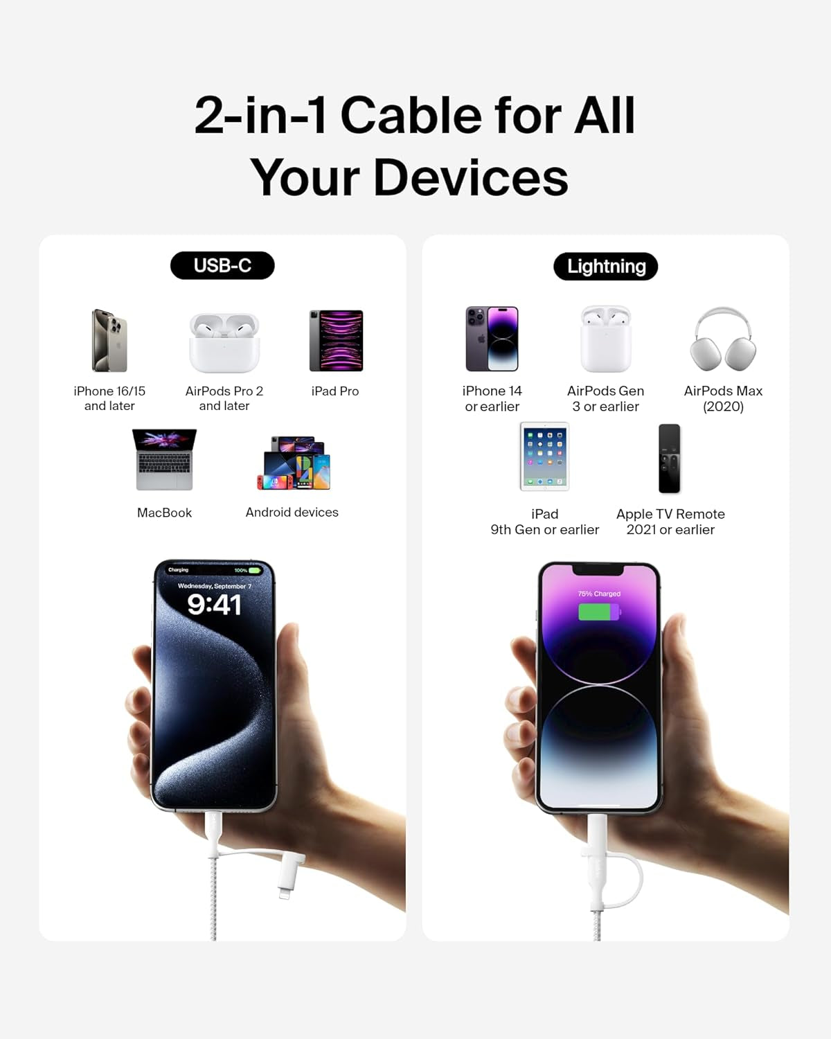 Boostcharge Braided 2-In-1 USB-C Charging Cable W/Usb-C & Lightning Connector (1.5M) Fast & Multi-Charging for Iphone Series, Ipad, Macbook, Galaxy Series, Nintendo Switch 2 & More - White