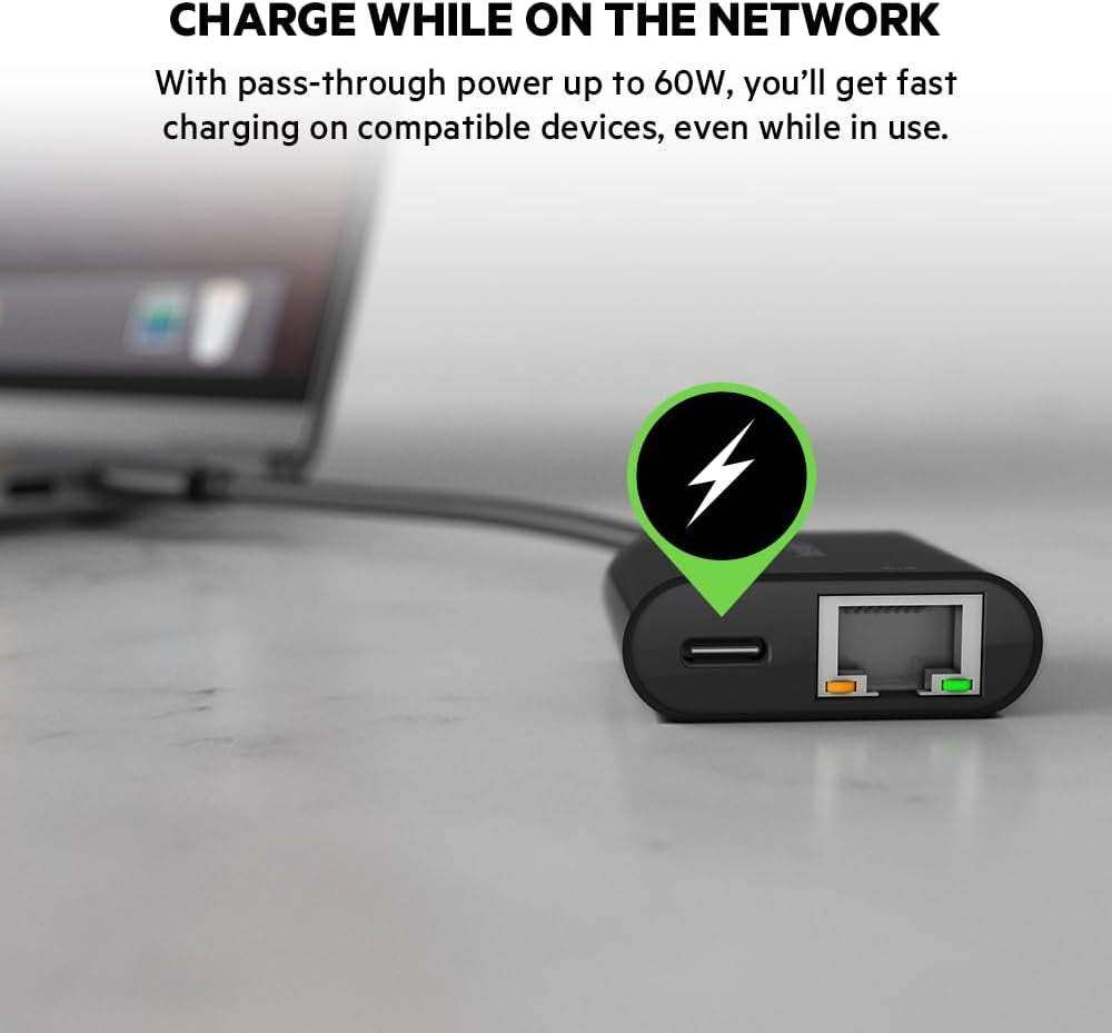60W USB-C to Ethernet + Charge Adapter Cable W/ Gigabit Ethernet Port for High-Speed Network Access - Compatible with USB-C Devices Including Macbook Air, Macbook Pro, & Windows Laptops - Black