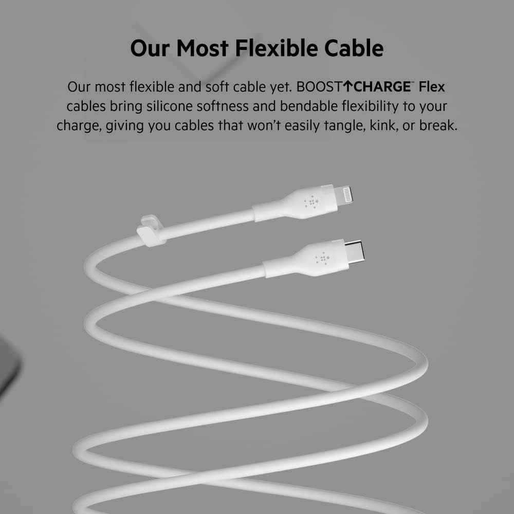 Boostcharge Flex Silicone USB-C to Lightning Cable (2M/6.6FT), Mfi-Certified Charging Cable for Iphone Series with Cable Clip - White
