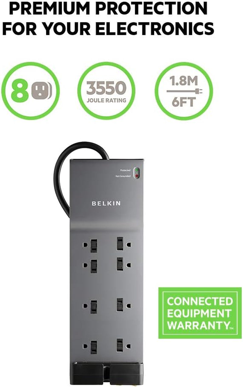 Power Strip,  Surge Protector - 8 AC Multiple Outlets (3550 Joules) - 6 Ft Long Flat Plug Heavy Duty Extension Cord for Home, Office, Travel, Computer Desktop & Phone Charging Brick - Black