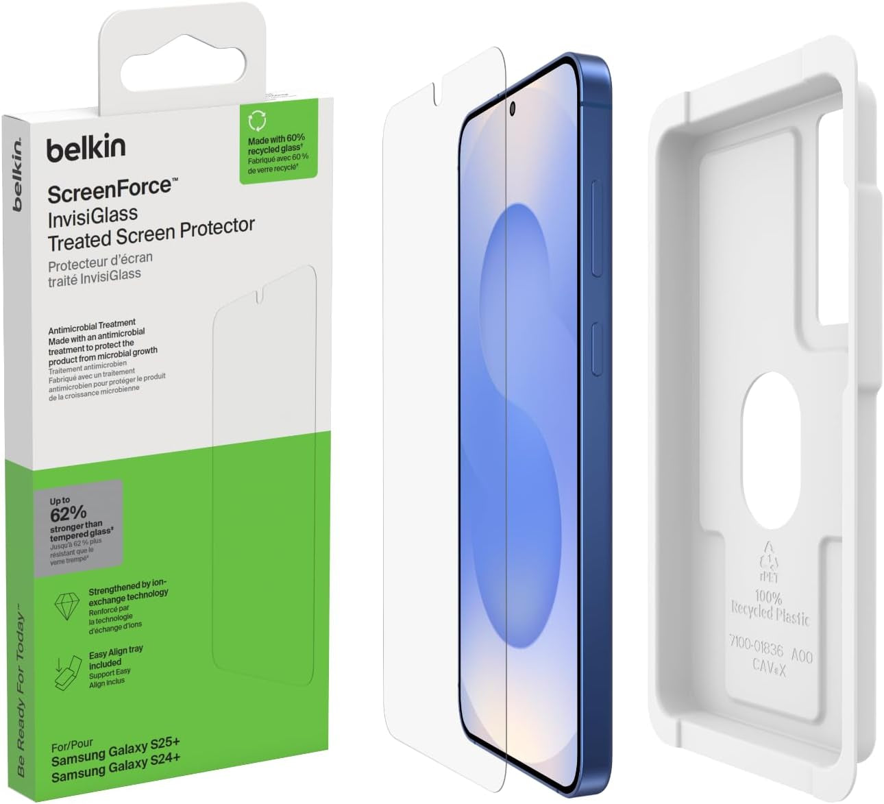 Screenforce Invisiglass Treated Screen Protector for Samsung Galaxy S25+, 9H Hardness, Scratch-Resistant Impact Protection W/Align Tray for Easy Application - Made with Recycled Glass