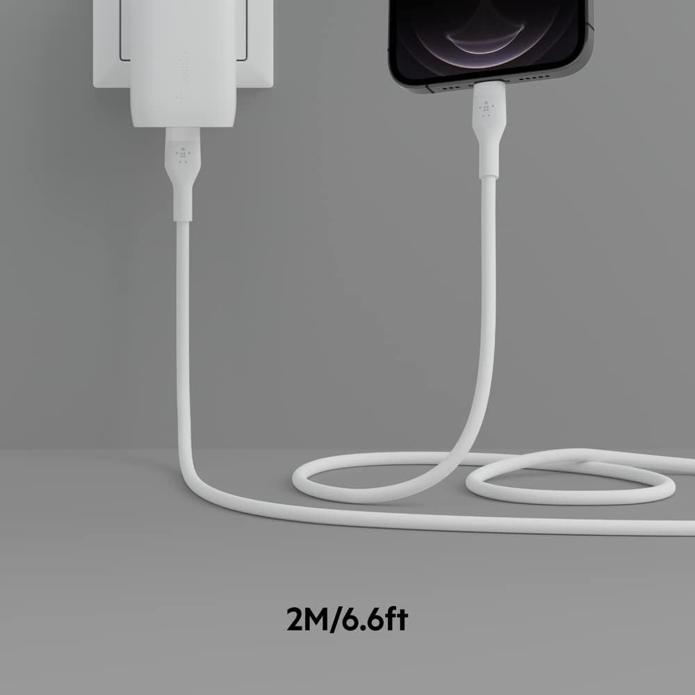 Boostcharge Flex Silicone USB-C to Lightning Cable (2M/6.6FT), Mfi-Certified Charging Cable for Iphone Series with Cable Clip - White