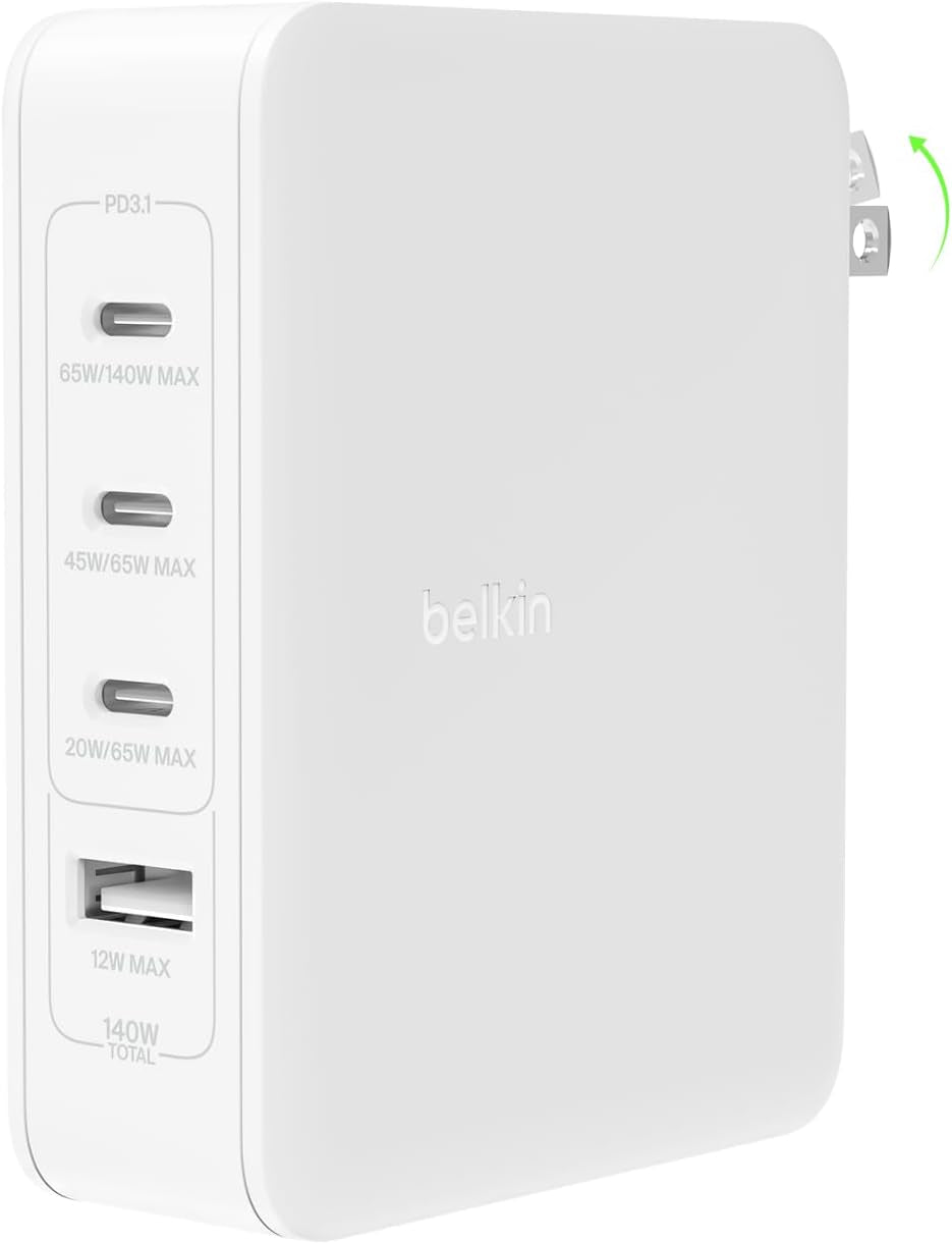 4-Port Charger Block 140W, Gan Charger USB-C Power Delivery Fast Charge & USB-A Port - Macbook, Apple Iphone 17, Air, Ipad, Samsung Galaxy S25, Google Pixel 10, Nintendo Switch 2 & More - White